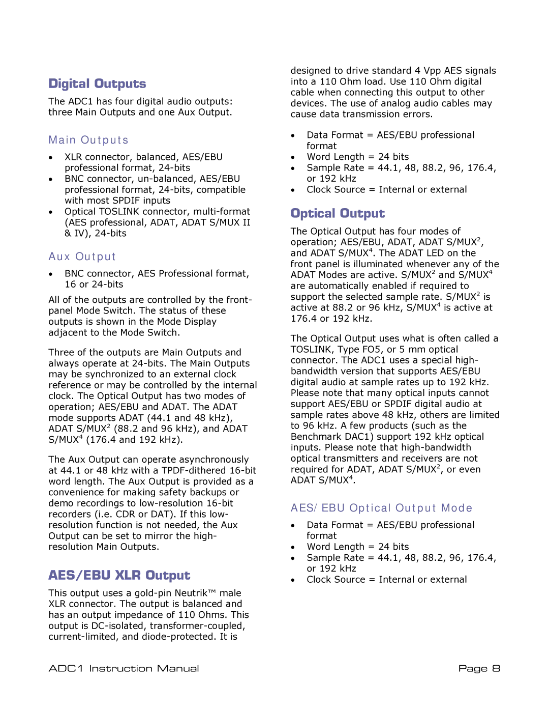 ADC ADDC1 instruction manual Digital Outputs, AES/EBU XLR Output, Optical Output 