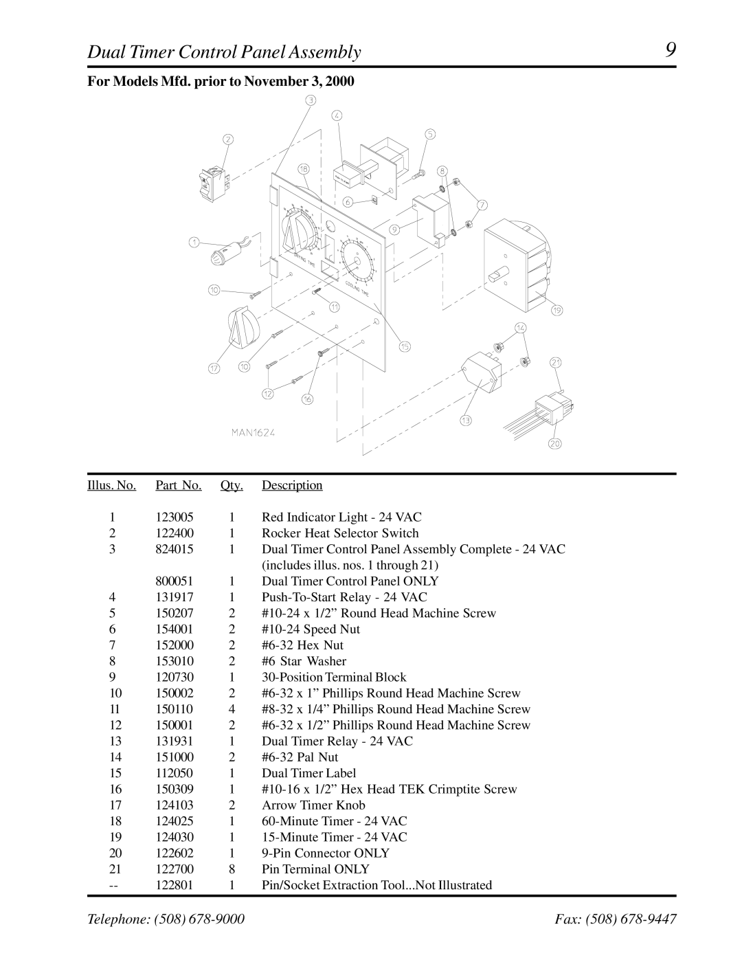 ADC ADG-758 manual Dual Timer Control Panel Assembly, For Models Mfd. prior to November 3 