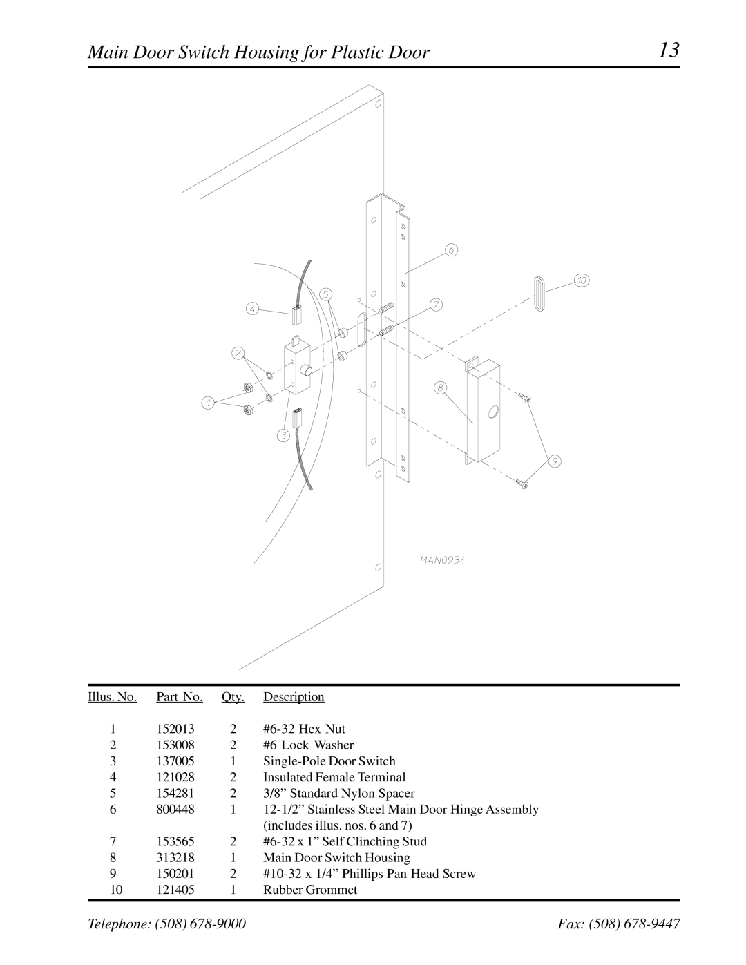 ADC ADG-758 manual Main Door Switch Housing for Plastic Door 