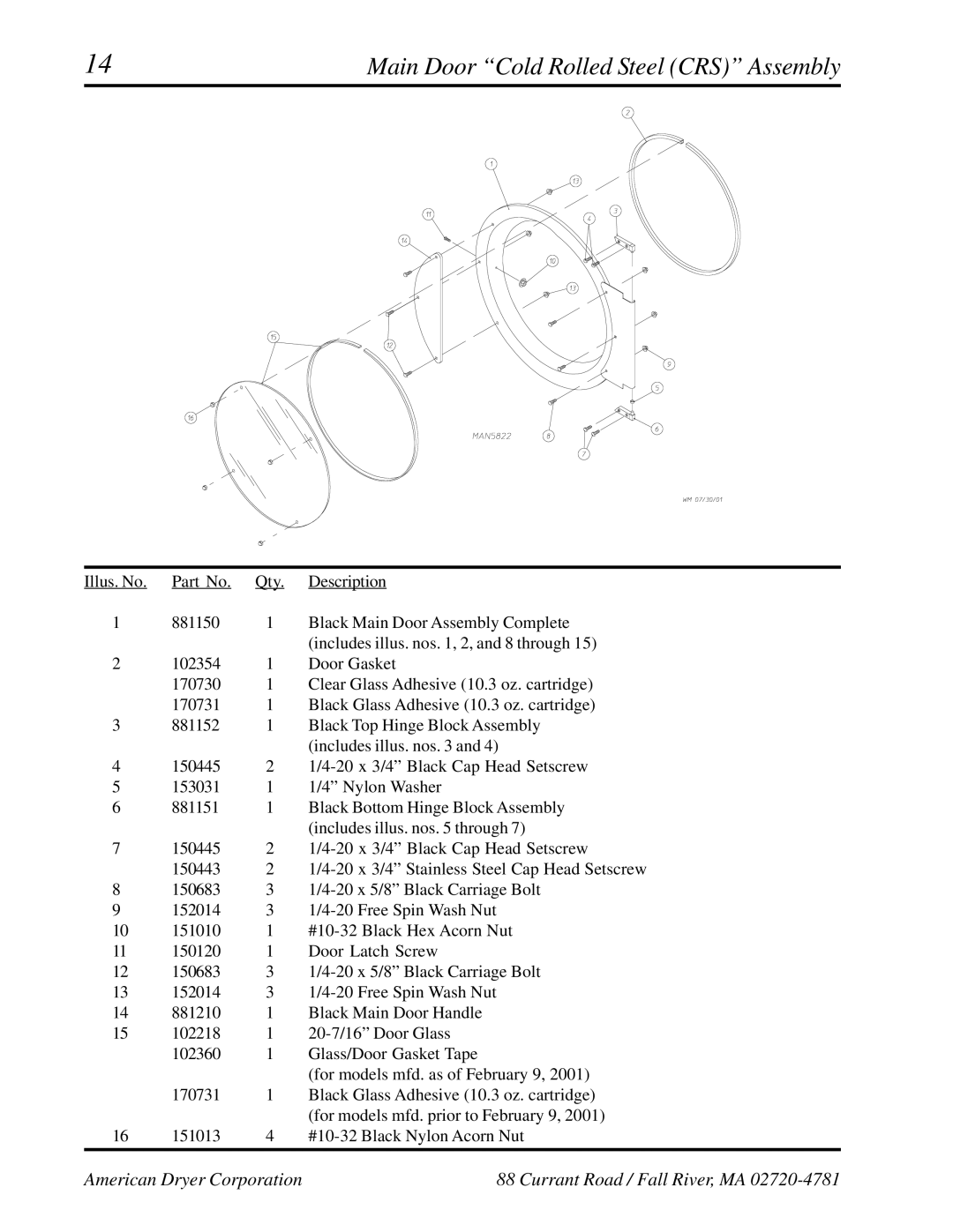 ADC ADG-758 manual Main Door Cold Rolled Steel CRS Assembly 