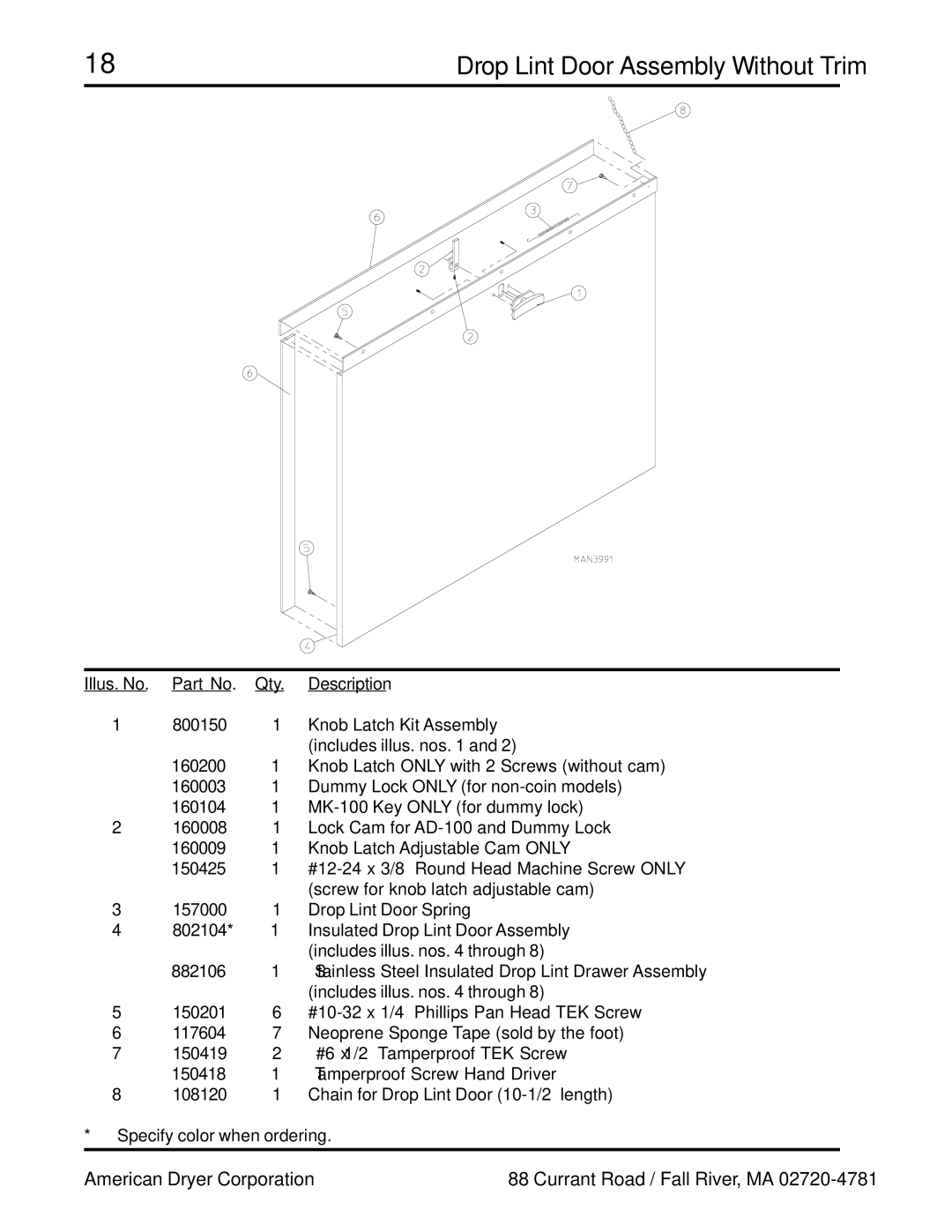 ADC ADG-758 manual Drop Lint Door Assembly Without Trim 