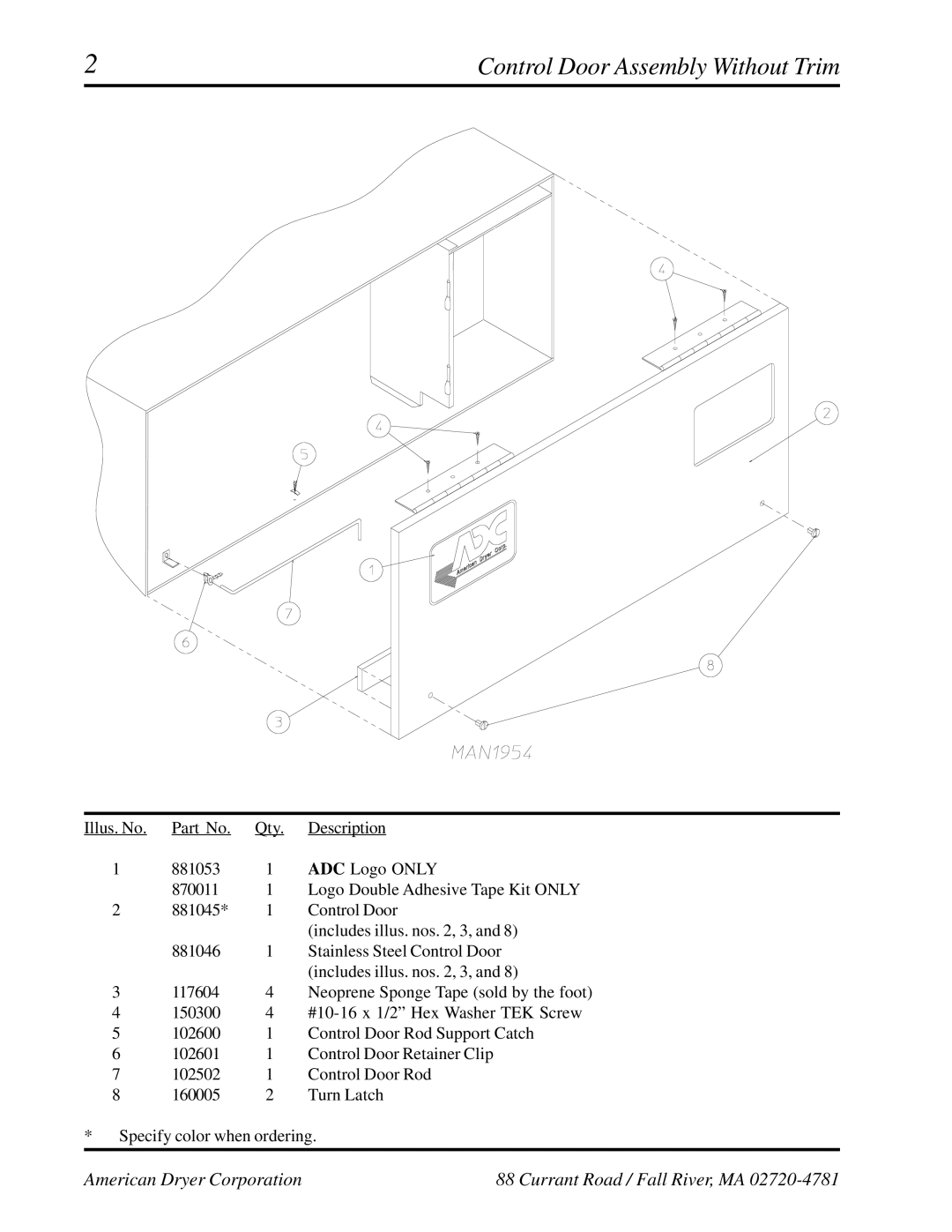 ADC ADG-758 manual Control Door Assembly Without Trim 