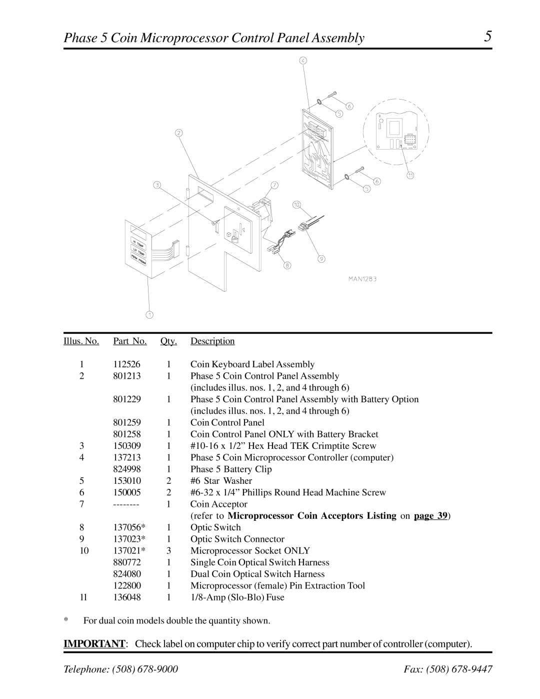 ADC ADG-758 manual Phase 5 Coin Microprocessor Control Panel Assembly, Refer to Microprocessor Coin Acceptors Listing on 