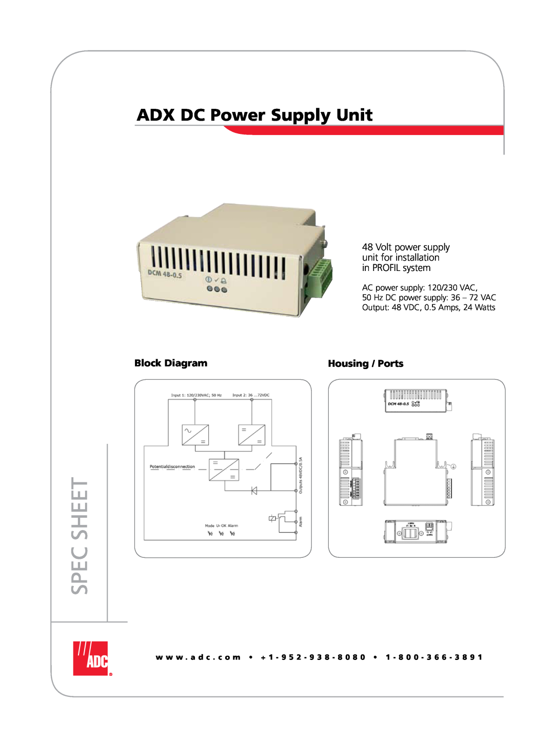 ADC manual Volt power supply unit for installation in PROFIL system, Spec Sheet, ADX DC Power Supply Unit 