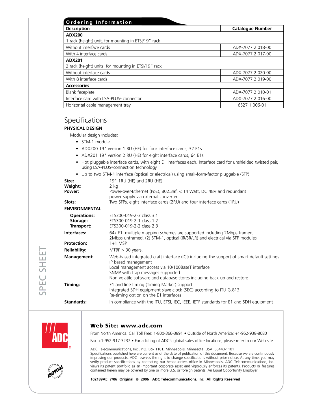 ADC manual Description Catalogue Number ADX200, ADX201, Accessories, Physical Design, Size, Weight Power, Slots, Storage 