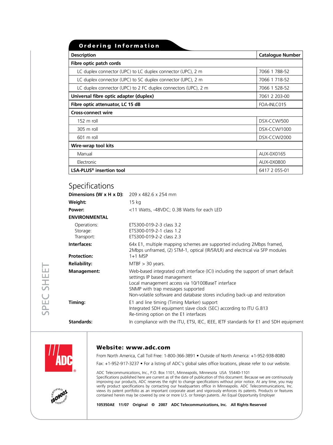 ADC ASX Description Catalogue Number Fibre optic patch cords, Universal fibre optic adapter duplex, Cross-connect wire 