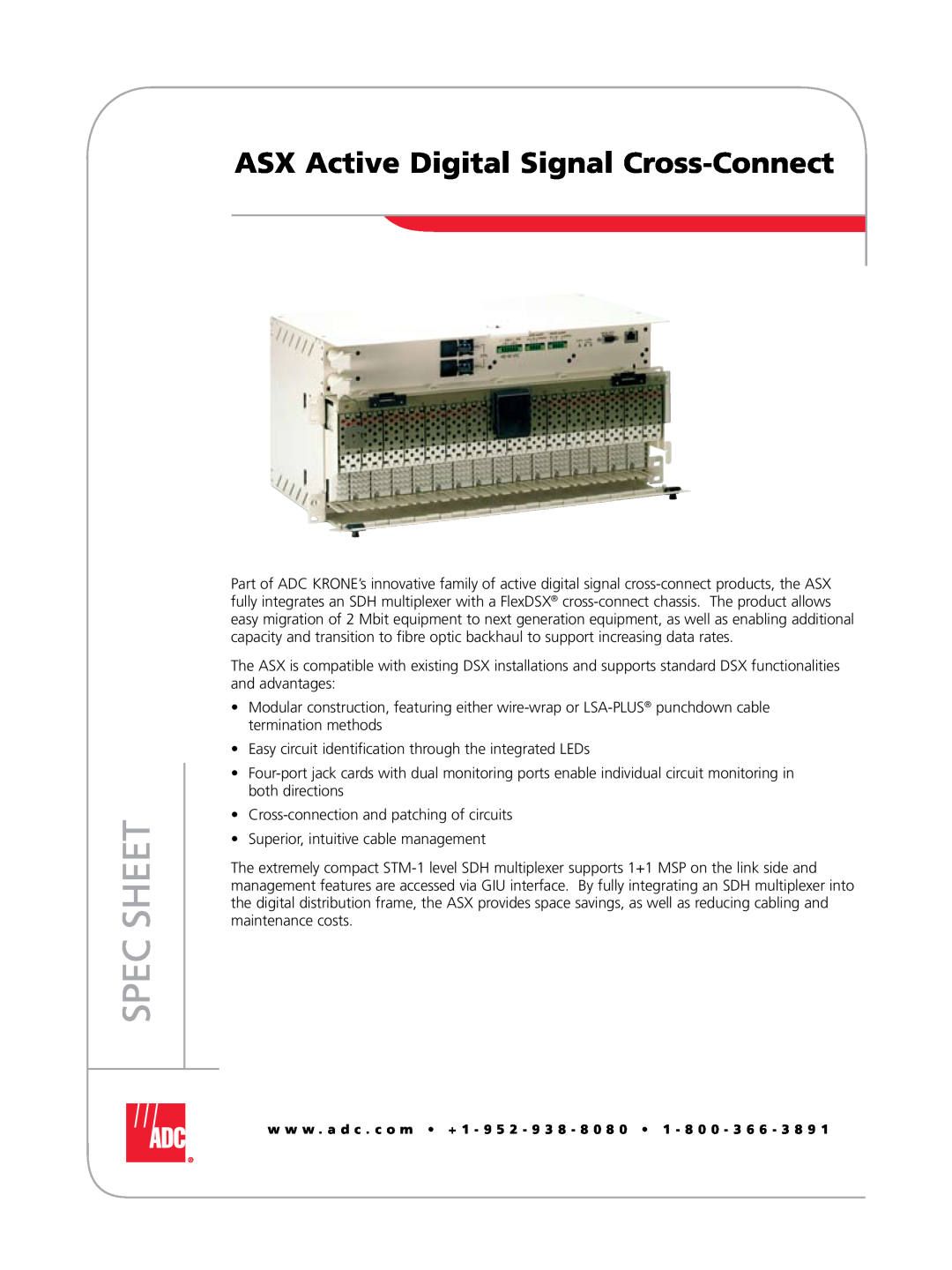 ADC manual ASX Active Digital Signal Cross-Connect, Spec Sheet 