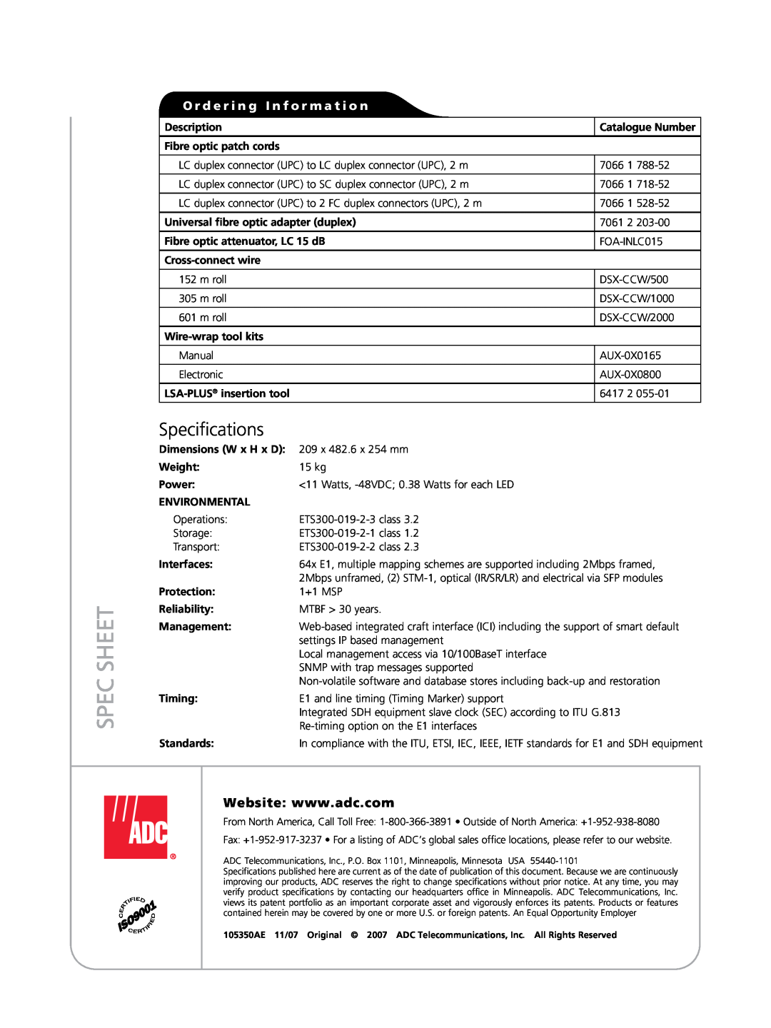 ADC ASX Spec Sheet, Specifications, O r d e r i n g I n f o r m a t i o n, Description, Catalogue Number, Weight, Power 
