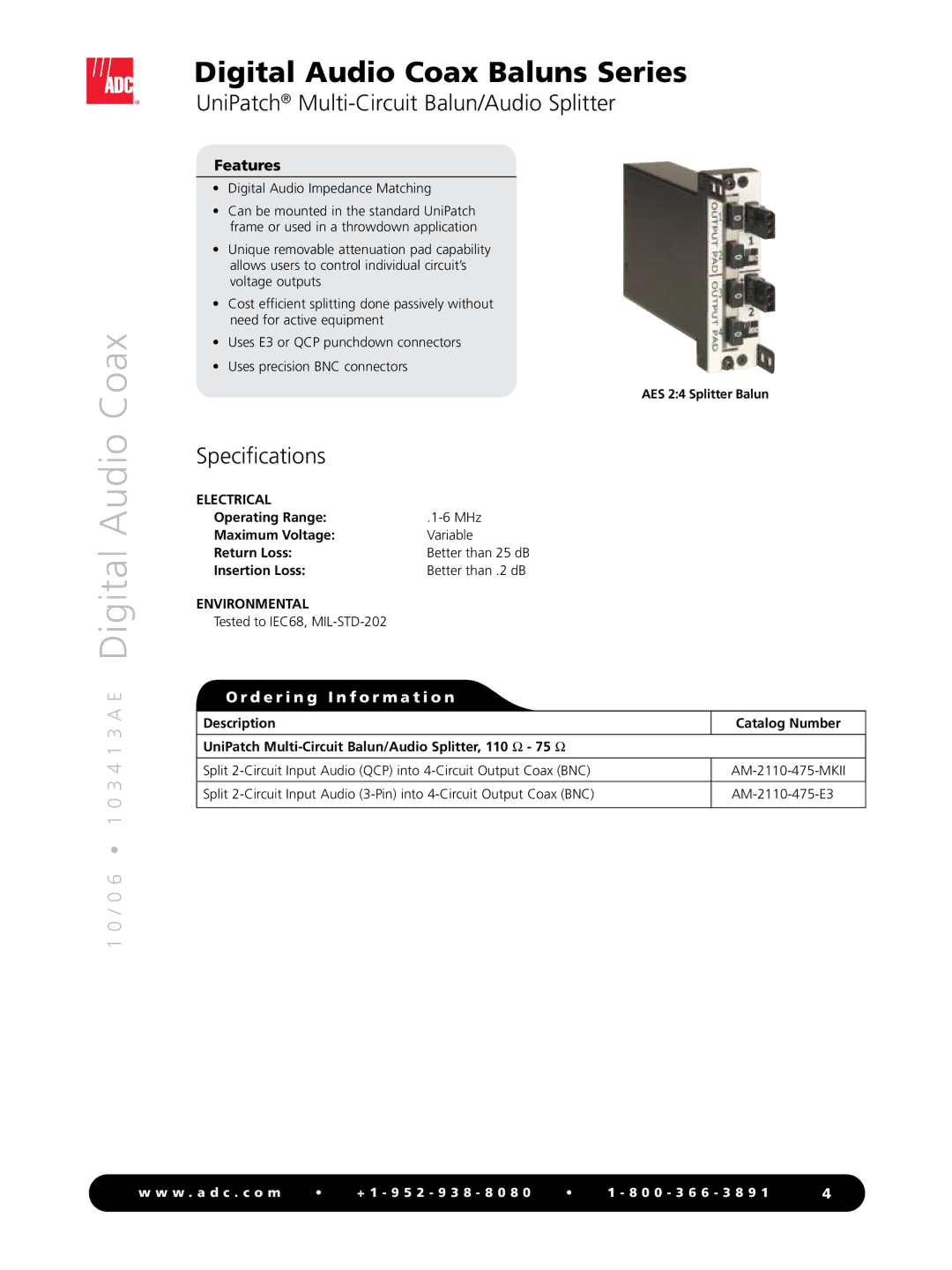 ADC Baluns Series manual UniPatch Multi-Circuit Balun/Audio Splitter, Specifications 