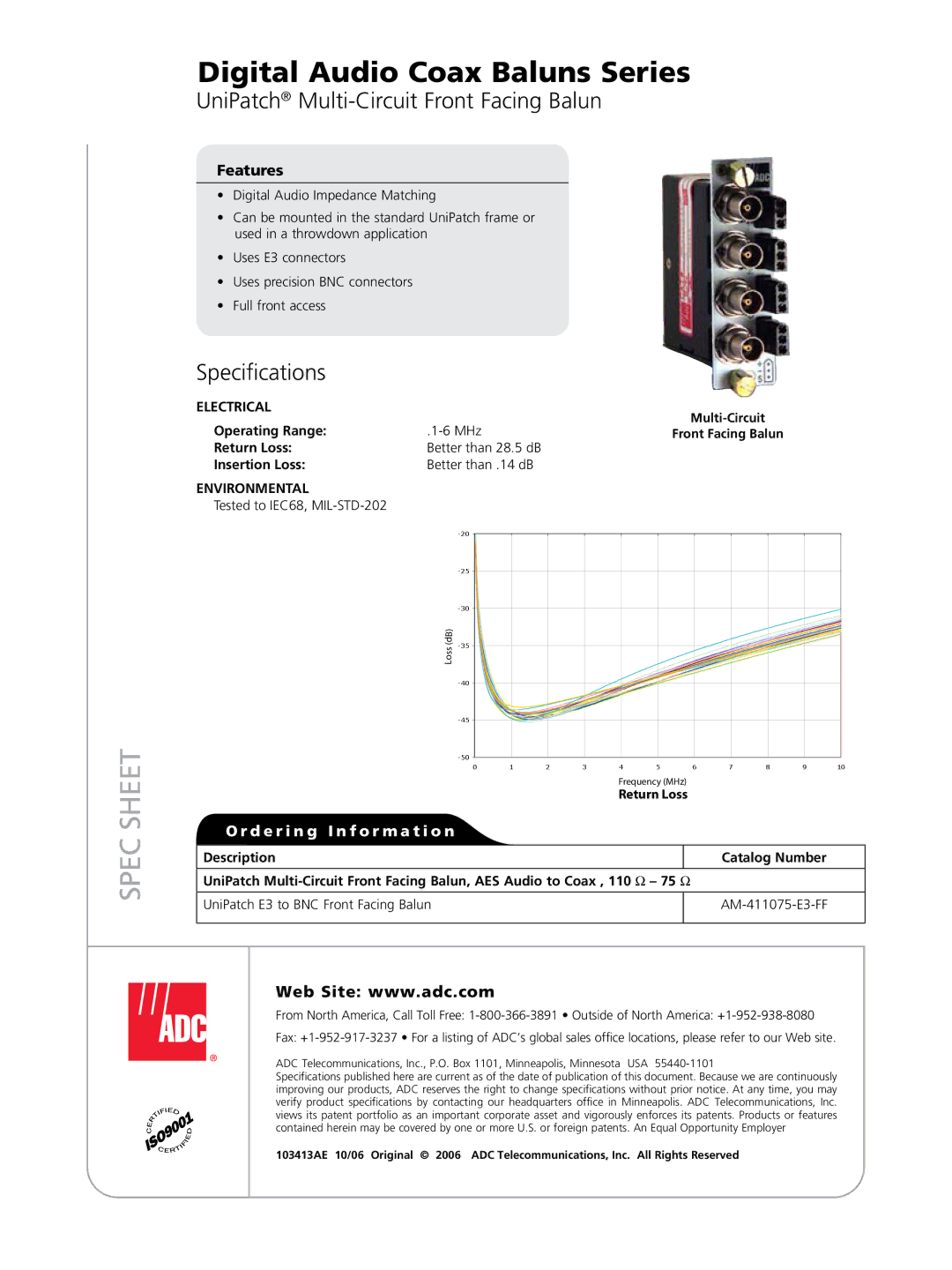 ADC Baluns Series manual Spec Sheet, UniPatch Multi-Circuit Front Facing Balun 