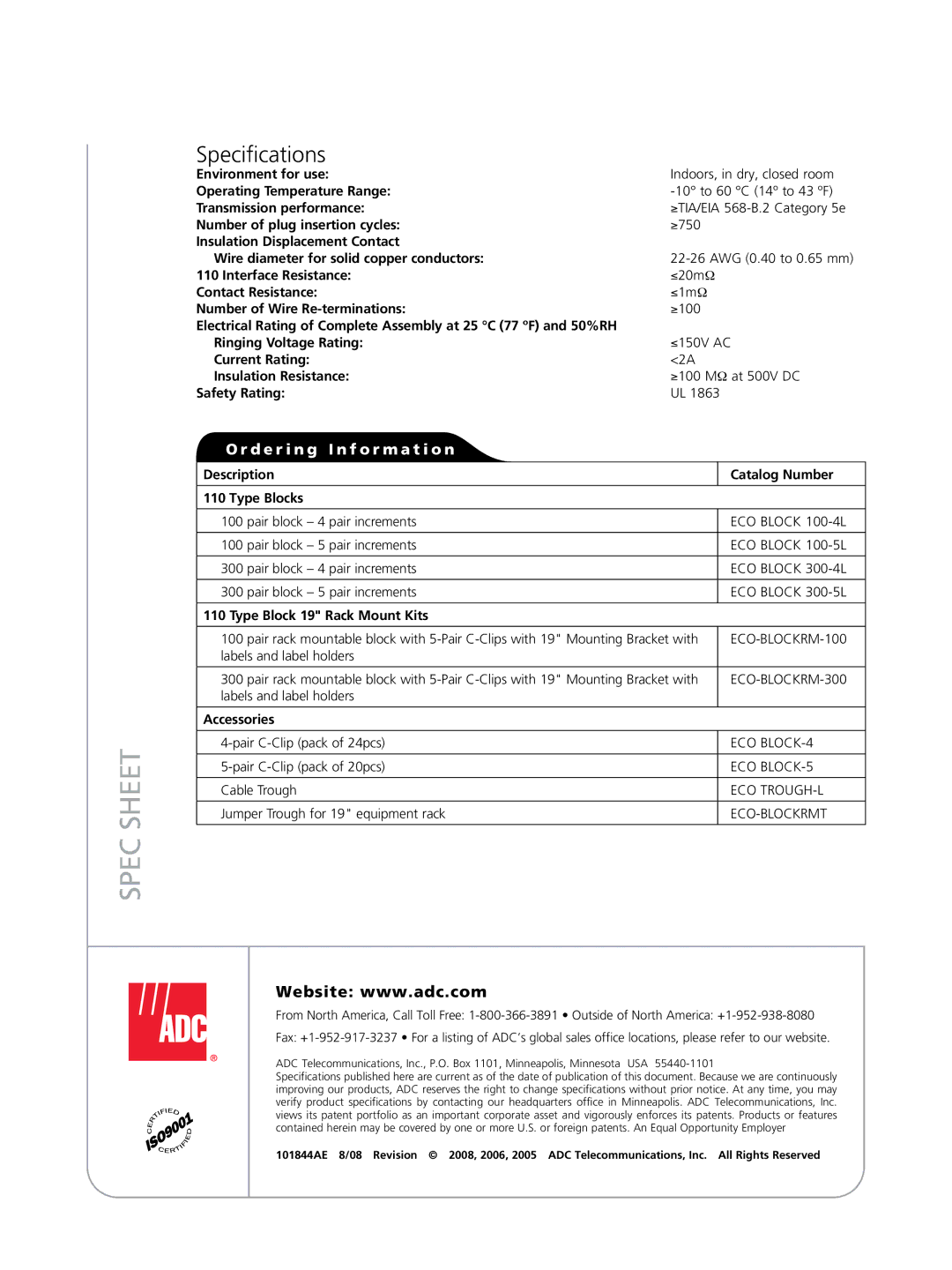 ADC Category 5e manual Spec Sheet, Specifications, D e r i n g I n f o r m a t i o n 