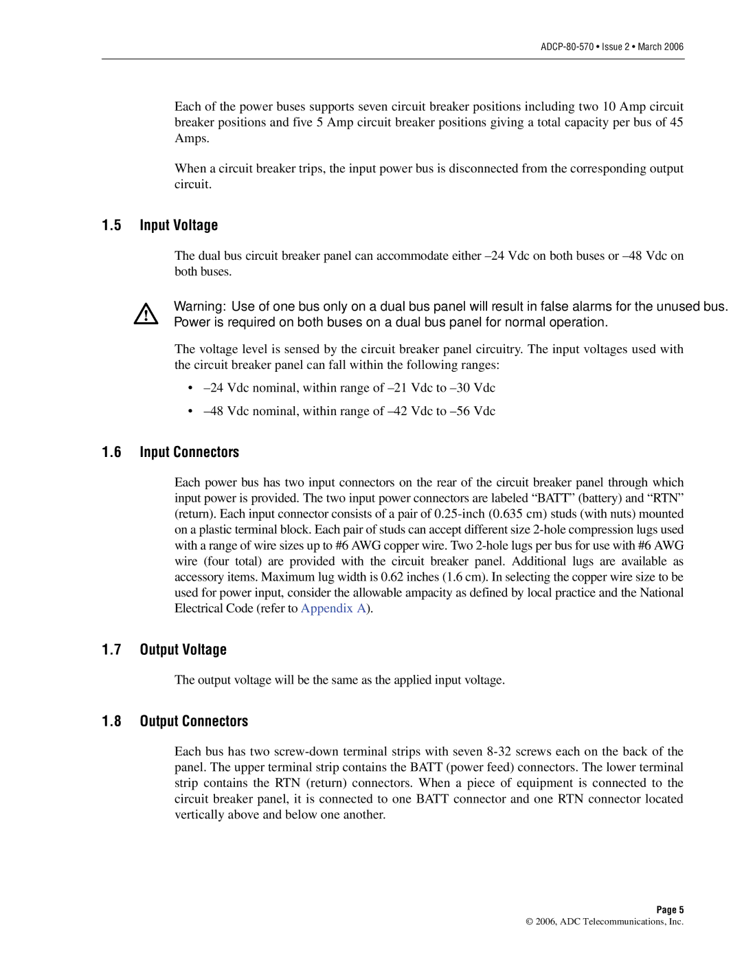 ADC Circuit Breaker Panel With Reset Switch user manual Input Voltage, Input Connectors, Output Voltage, Output Connectors 