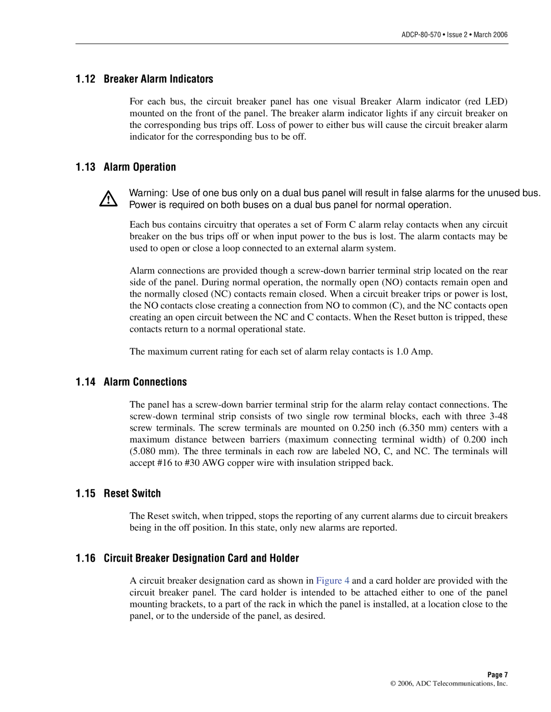 ADC Circuit Breaker Panel With Reset Switch user manual Breaker Alarm Indicators, Alarm Operation, Alarm Connections 