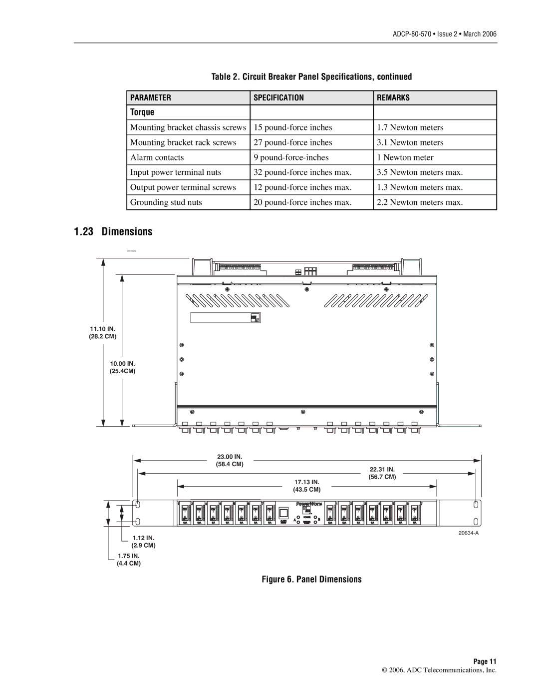 ADC Circuit Breaker Panel With Reset Switch user manual Dimensions, Torque 