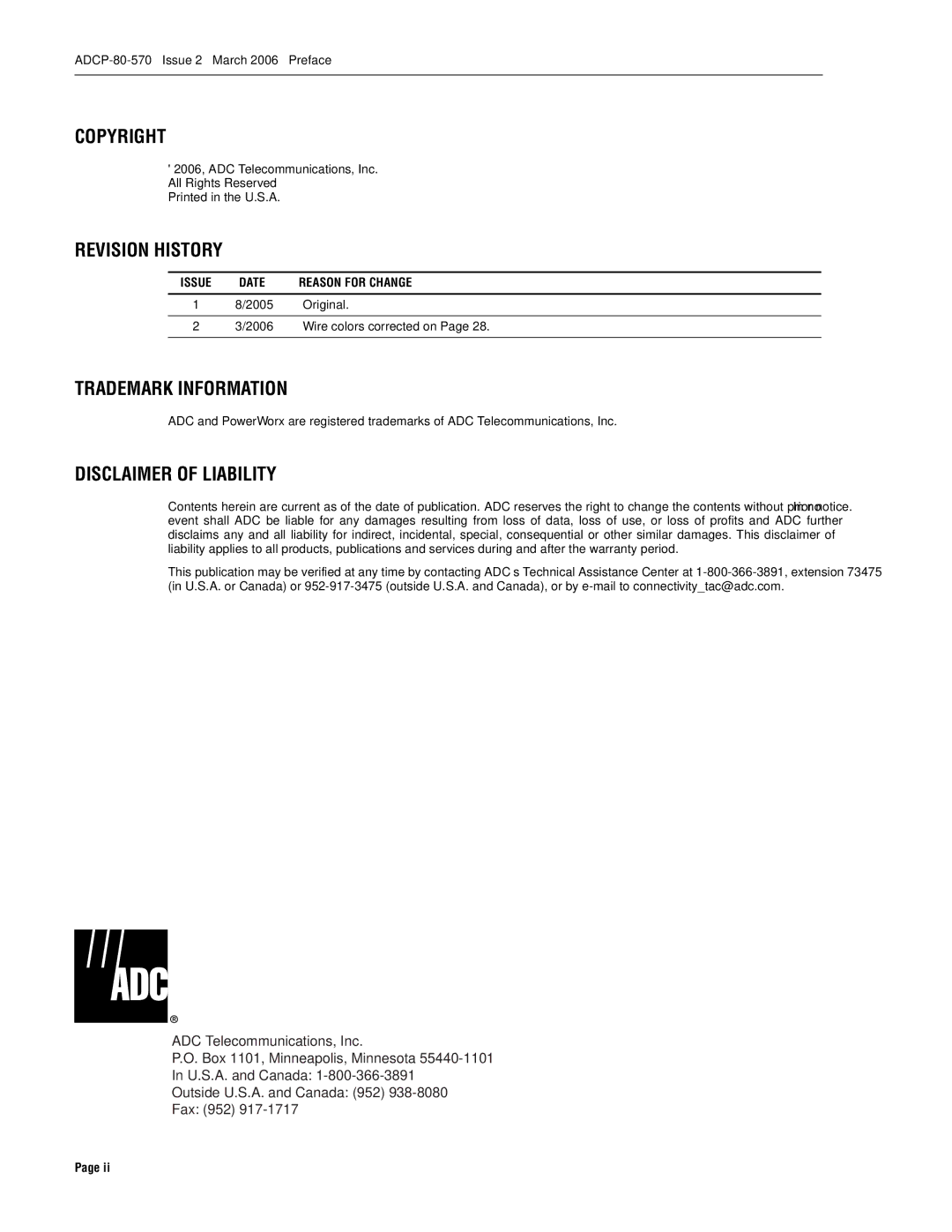 ADC Circuit Breaker Panel With Reset Switch Copyright, Revision History, Trademark Information, Disclaimer of Liability 