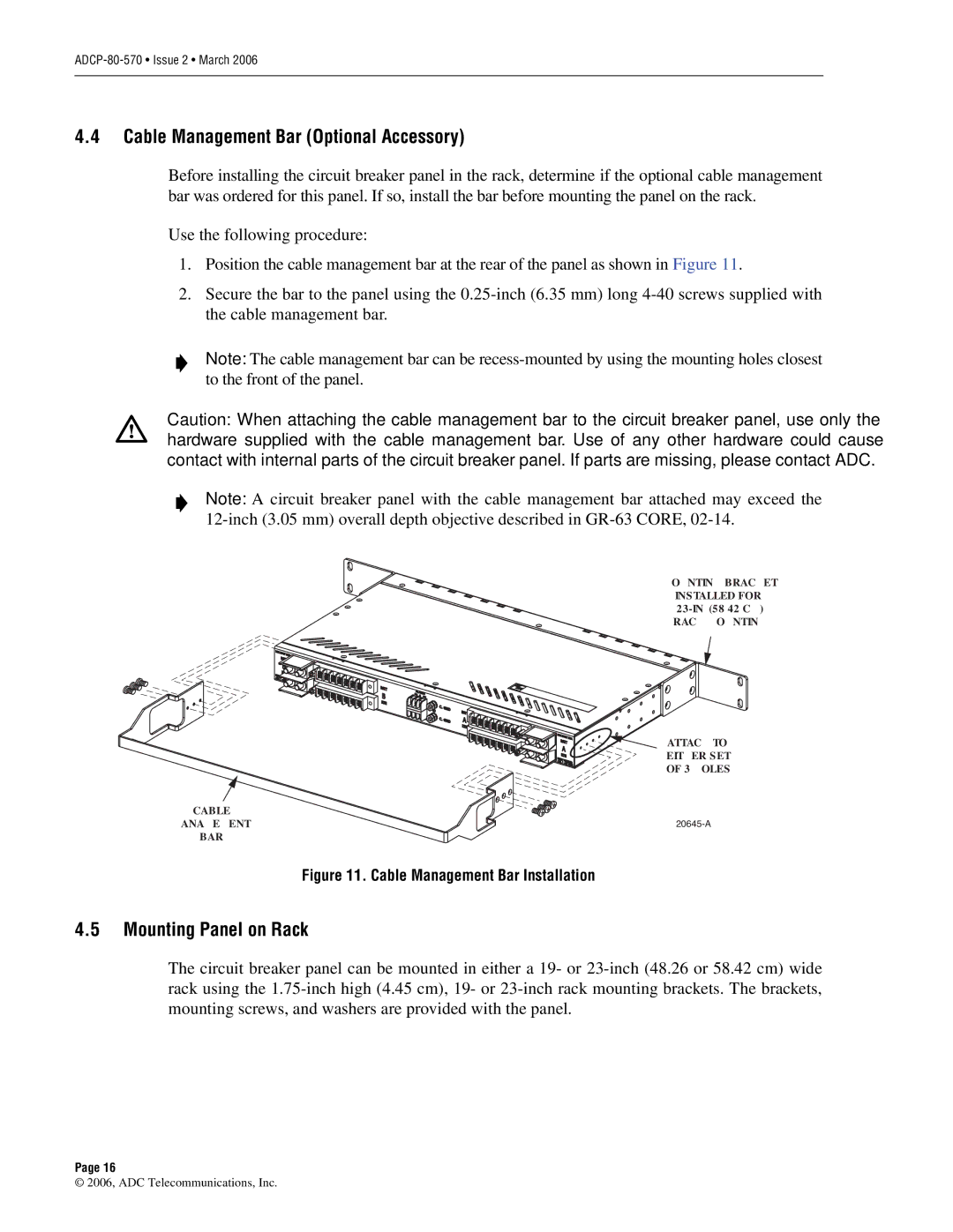 ADC Circuit Breaker Panel With Reset Switch user manual Cable Management Bar Optional Accessory, Mounting Panel on Rack 