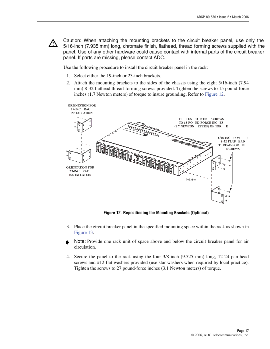 ADC Circuit Breaker Panel With Reset Switch user manual Repositioning the Mounting Brackets Optional 