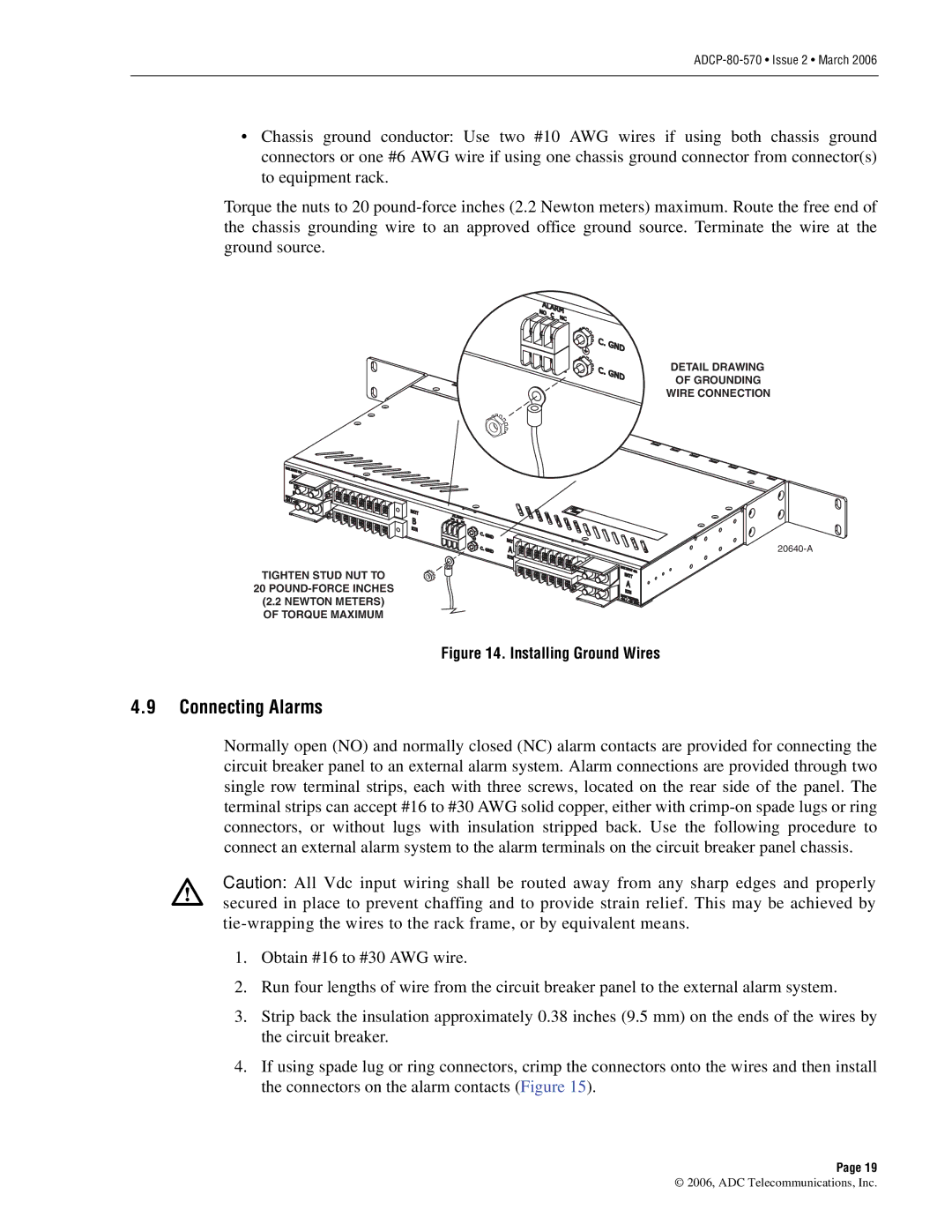 ADC Circuit Breaker Panel With Reset Switch user manual Connecting Alarms, Installing Ground Wires 