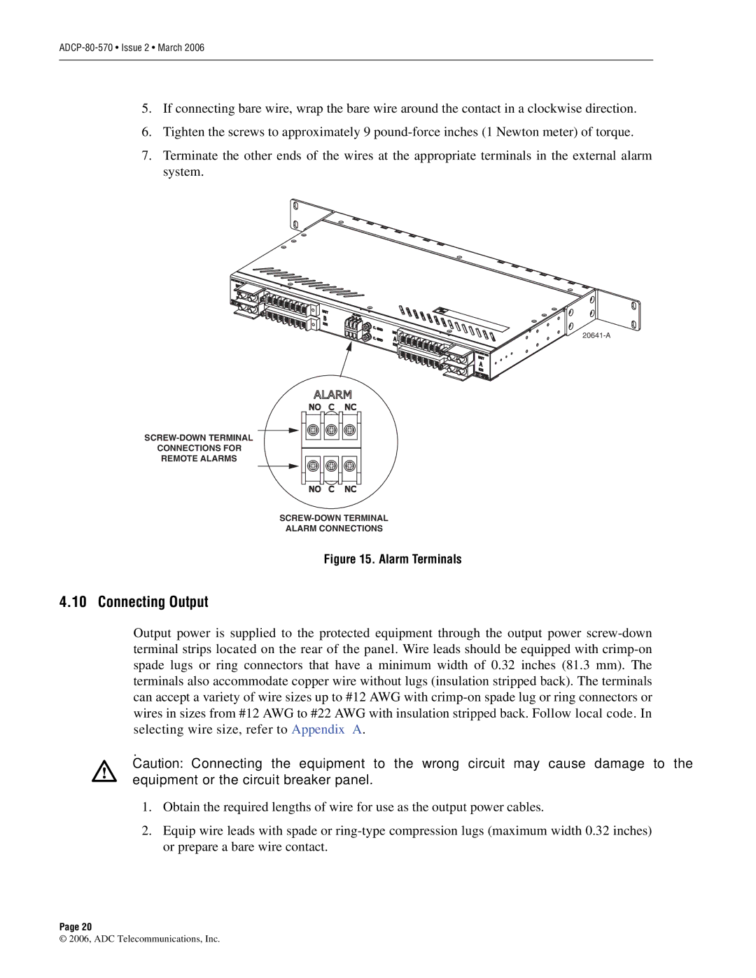 ADC Circuit Breaker Panel With Reset Switch user manual Connecting Output, Alarm Terminals 