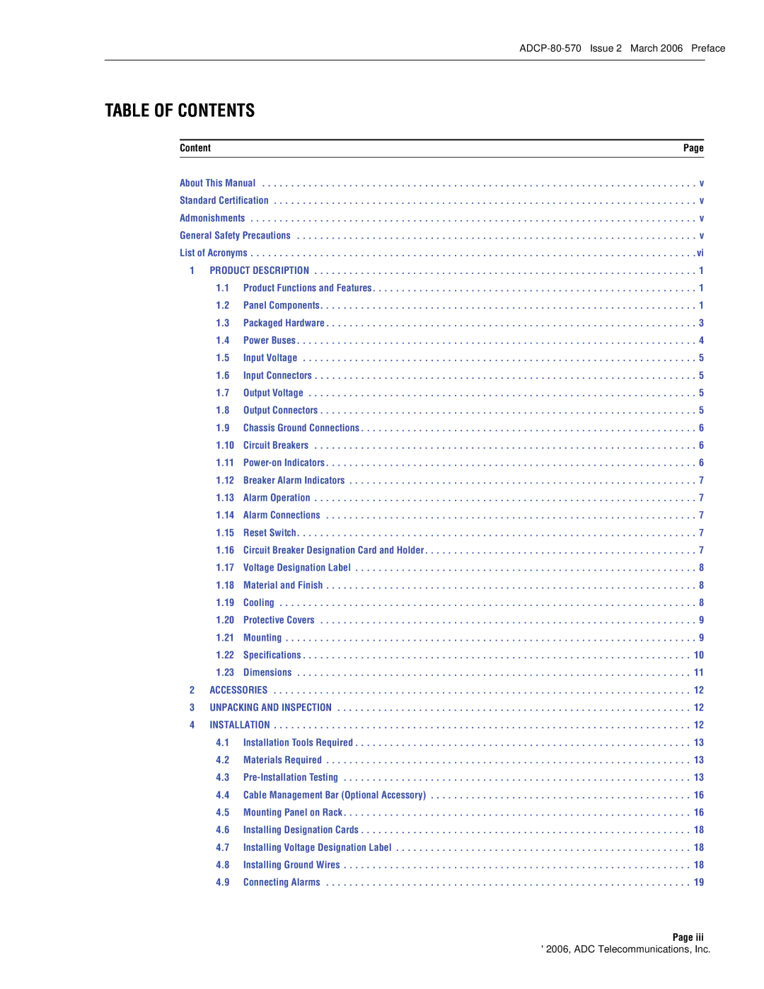 ADC Circuit Breaker Panel With Reset Switch user manual Table of Contents 