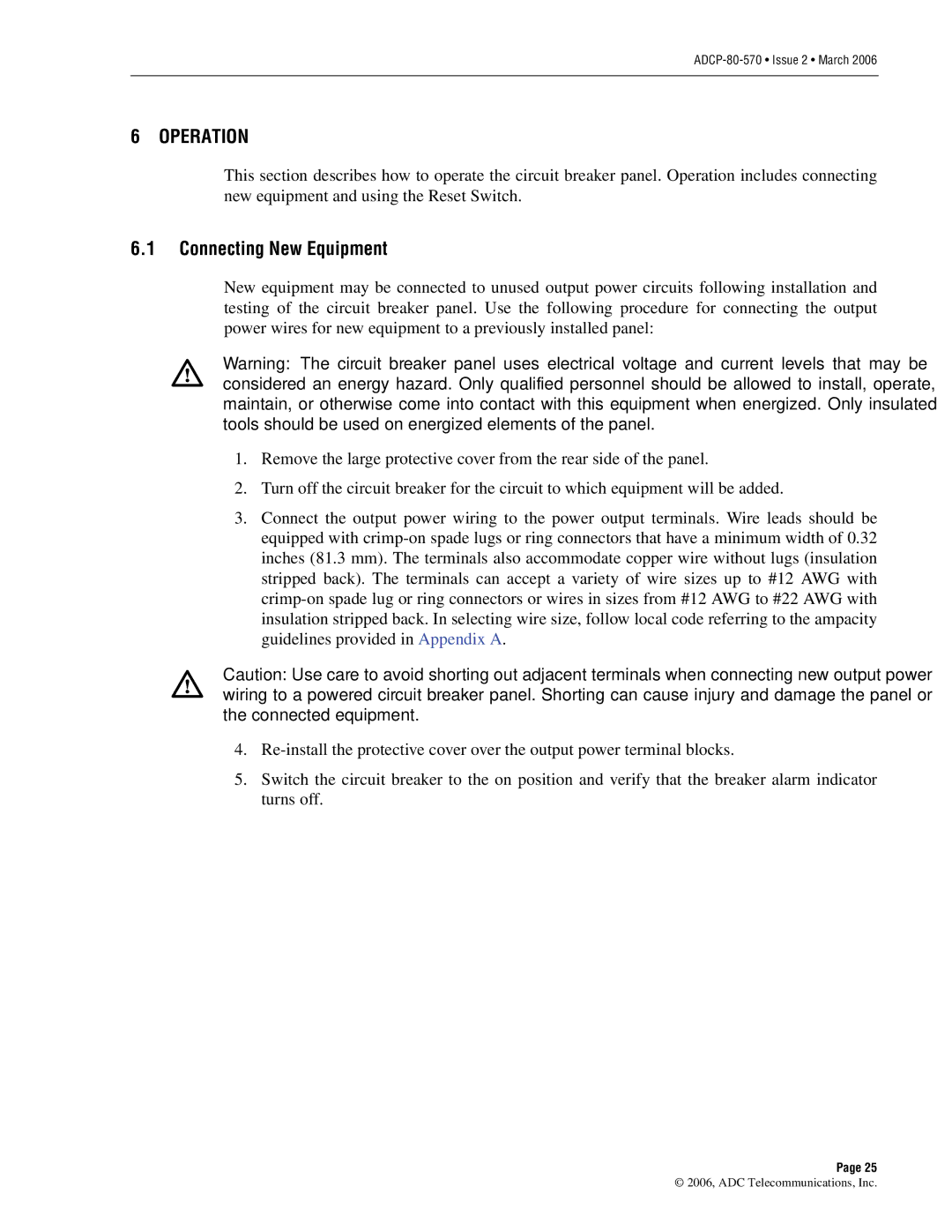 ADC Circuit Breaker Panel With Reset Switch user manual Operation, Connecting New Equipment 