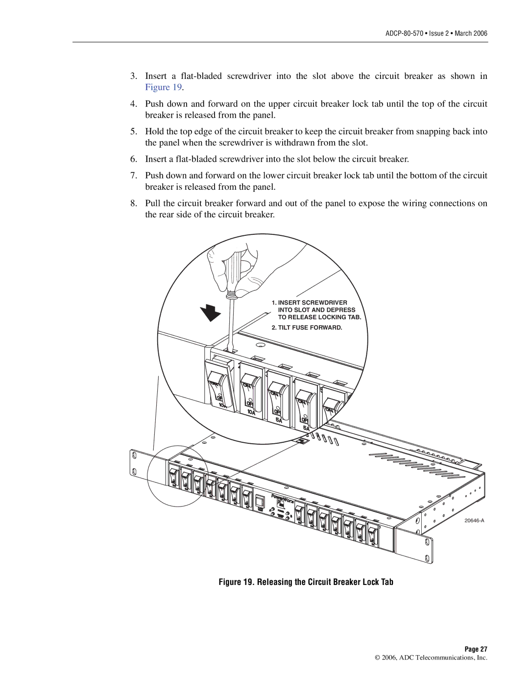 ADC Circuit Breaker Panel With Reset Switch user manual Releasing the Circuit Breaker Lock Tab 