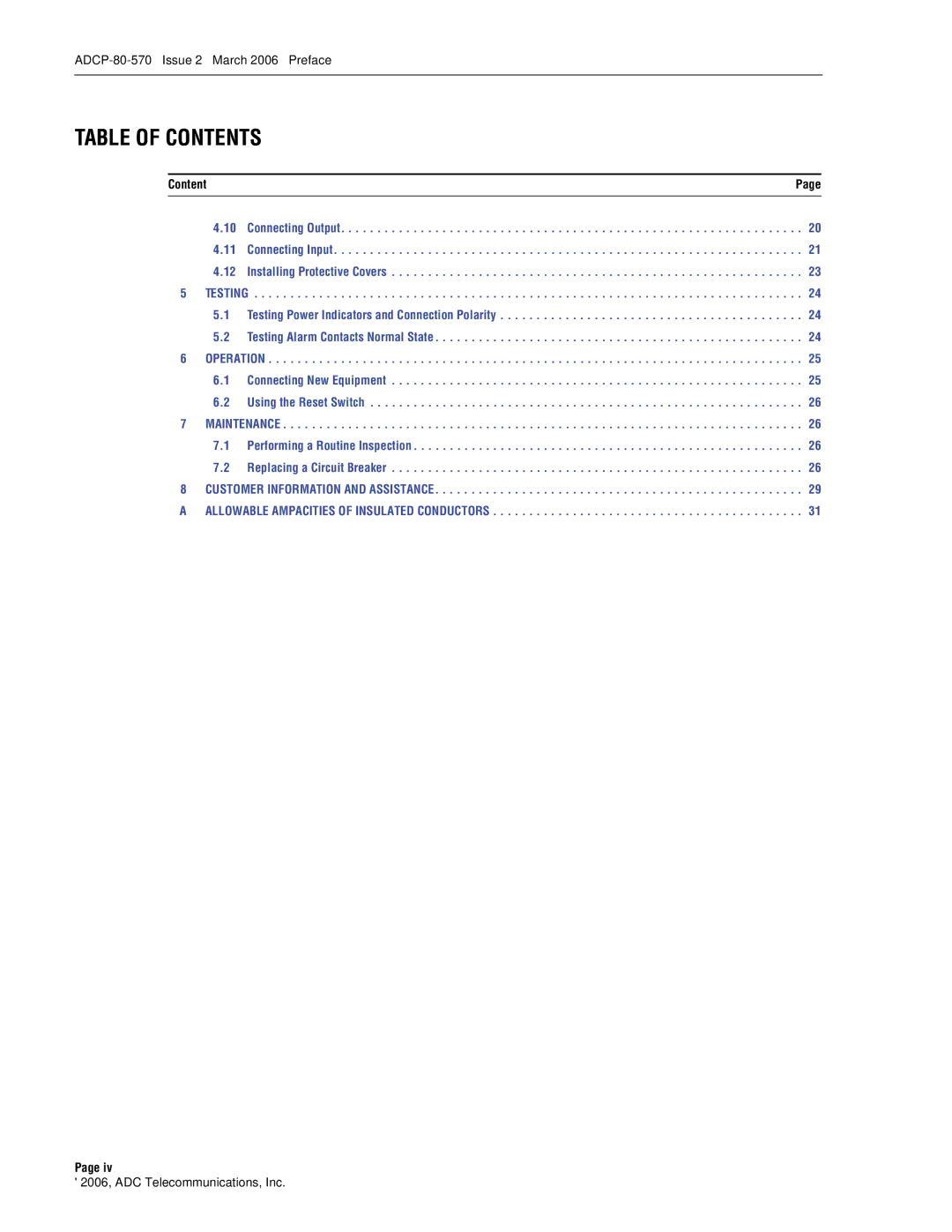 ADC Circuit Breaker Panel With Reset Switch user manual 2006, ADC Telecommunications, Inc 