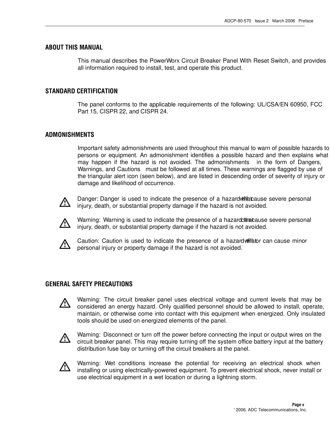 ADC Circuit Breaker Panel With Reset Switch user manual About this Manual, Standard Certification, Admonishments 