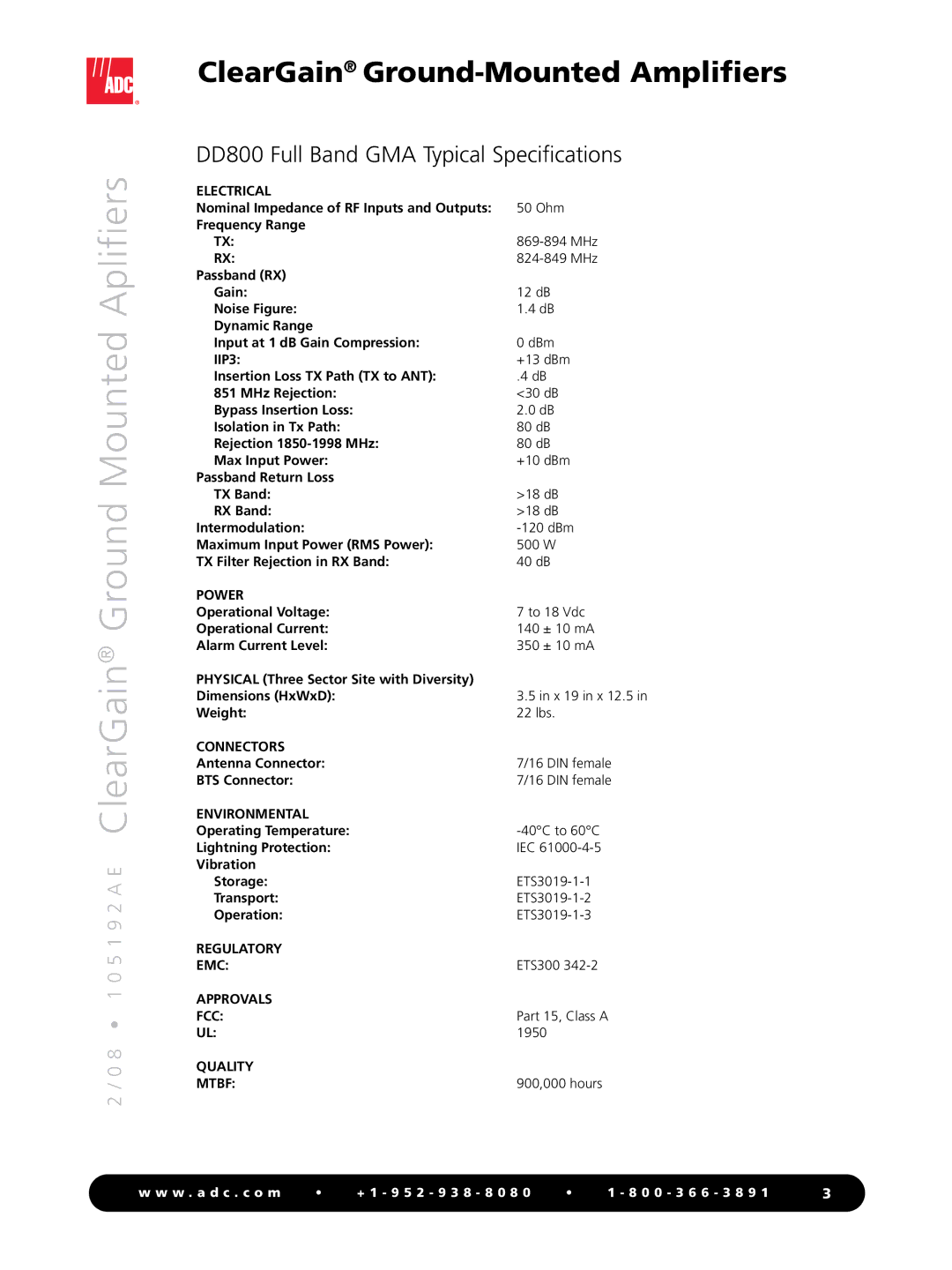 ADC ClearGain manual DD800 Full Band GMA Typical Specifications 