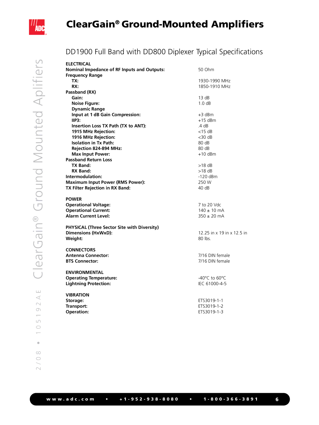 ADC ClearGain manual DD1900 Full Band with DD800 Diplexer Typical Specifications, Vibration 