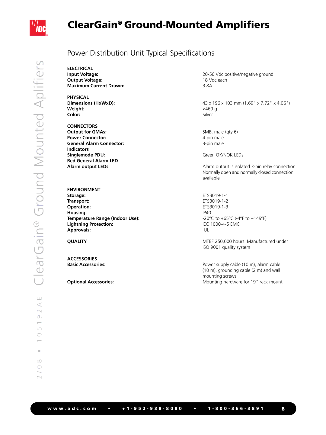 ADC ClearGain manual Power Distribution Unit Typical Specifications, Physical, Environment, Quality, Accessories 