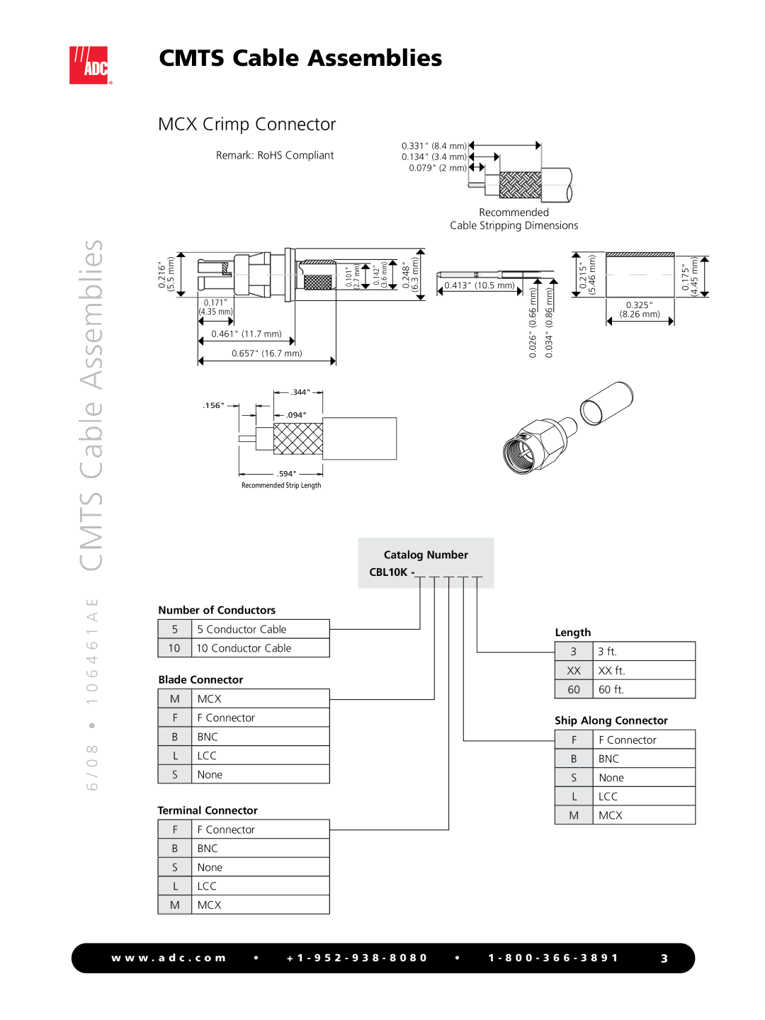 ADC CMTS manual MCX Crimp Connector, Recommended Cable Stripping Dimensions 