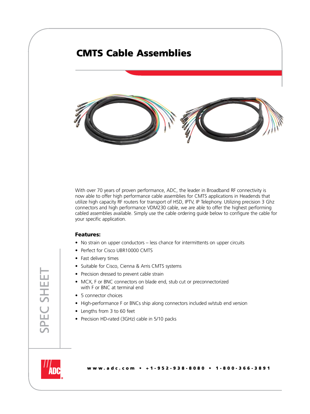 ADC manual CMTS Cable Assemblies, Features, Spec Sheet 