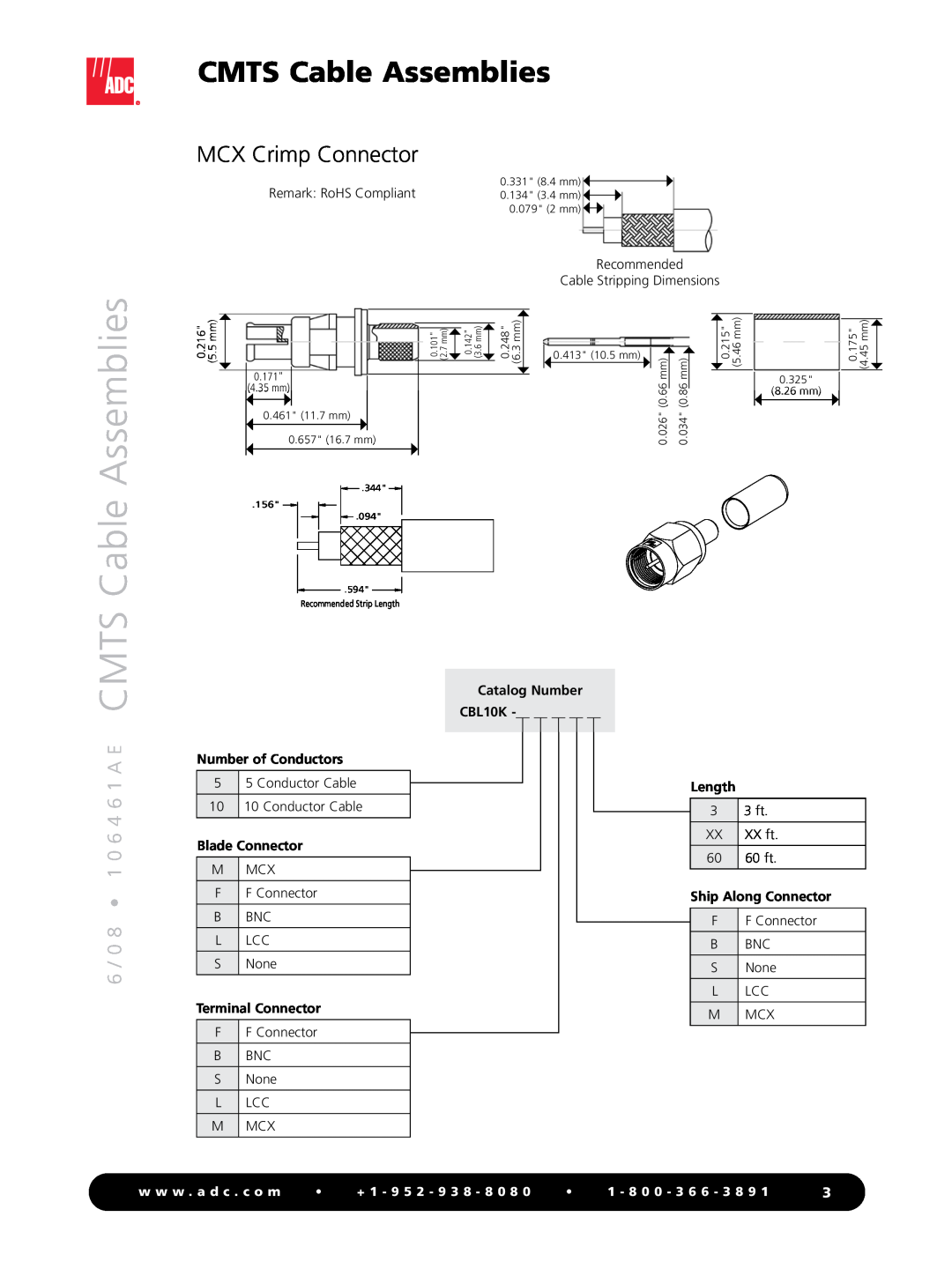 ADC manual MCX Crimp Connector, CMTS Cable Assemblies, w w w . a d c . c o m, + 1 - 9 5 2 - 9 3 8 - 8 0 