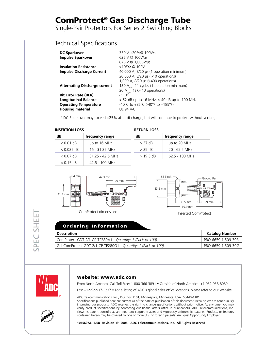 ADC ComProtect manual Sheet, Spec, Insertion Loss, Return Loss 