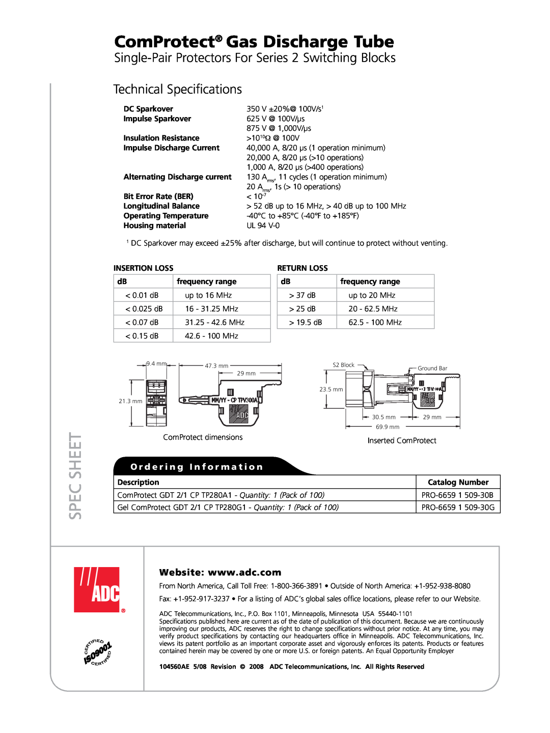 ADC manual Technical Specifications, ComProtect Gas Discharge Tube, Sheet, O r d e r i n g I n f o r m a t i o n 