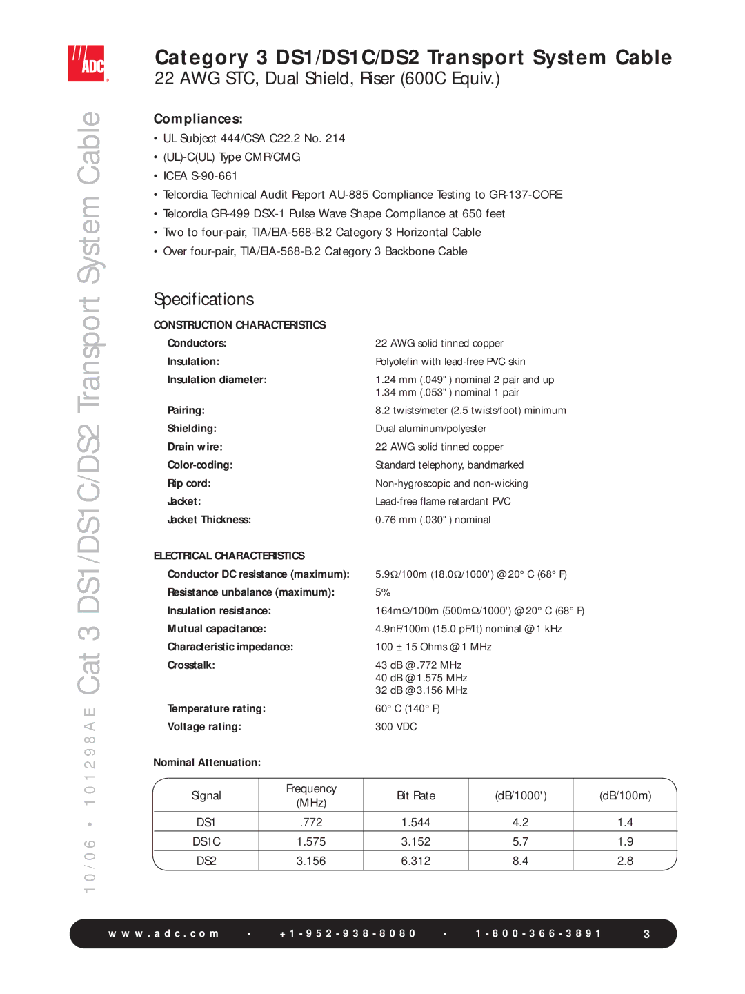 ADC DS1C, DS2 manual Compliances, Construction Characteristics, Electrical Characteristics 