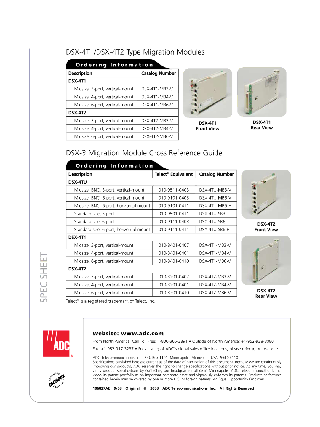 ADC manual DSX-4T1/DSX-4T2 Type Migration Modules, DSX-3 Migration Module Cross Reference Guide 