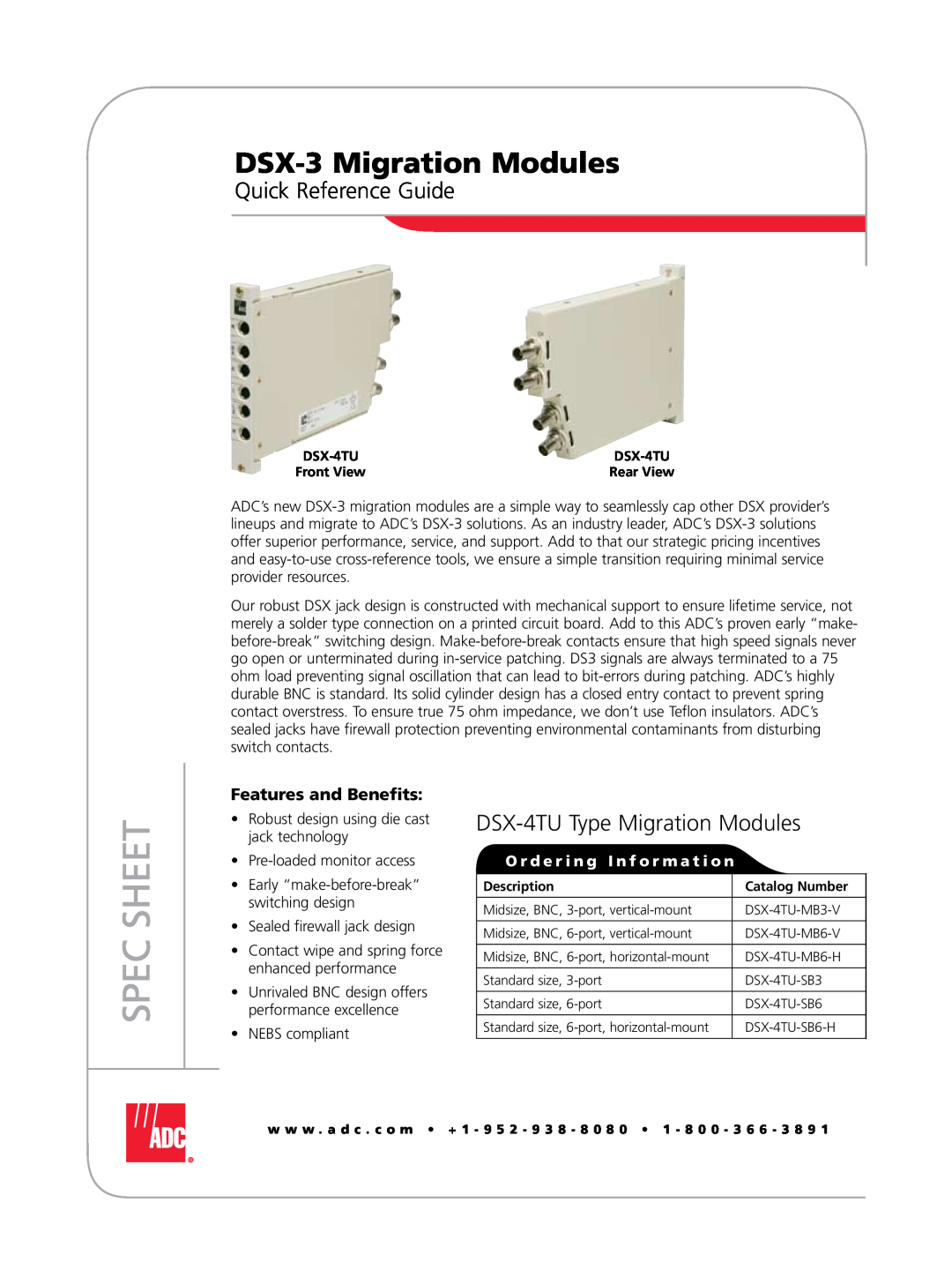 ADC DSX-3 manual Quick Reference Guide, DSX-4TU Type Migration Modules, O r d e r i n g I n f o r m a t i o n, Spec Sheet 