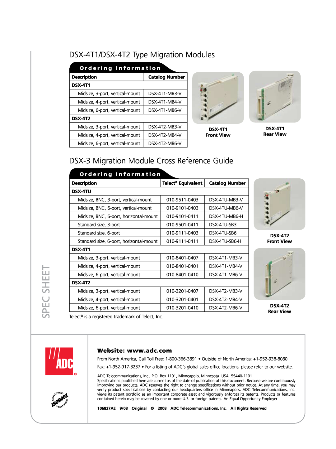 ADC manual DSX-4T1/DSX-4T2 Type Migration Modules, DSX-3 Migration Module Cross Reference Guide, Spec Sheet 