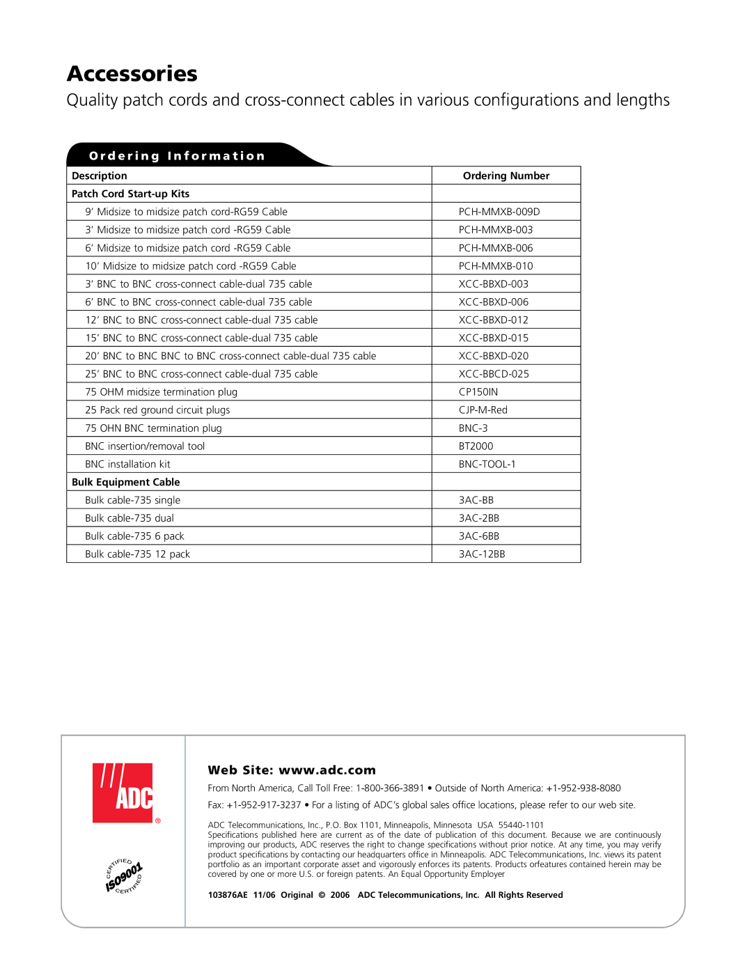 ADC DSX-4R (RZX3) manual Description Ordering Number Patch Cord Start-up Kits, Bulk Equipment Cable 