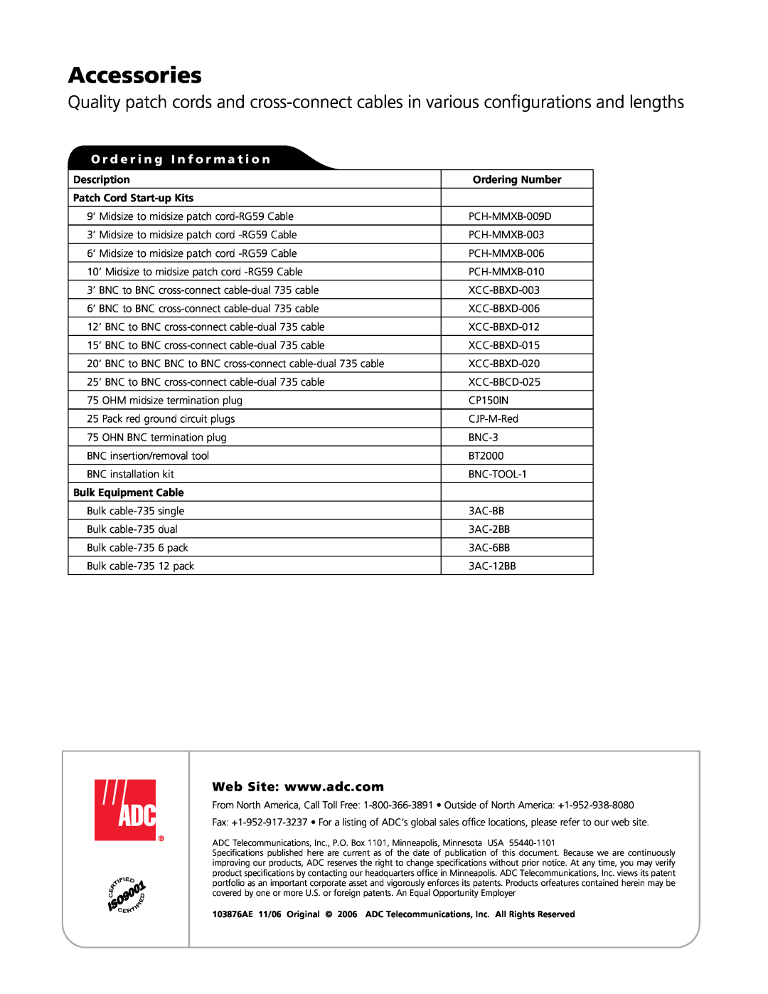 ADC DSX-4R (RZX3) Accessories, O r d e r i n g I n f o r m a t i o n, Description, Ordering Number, Bulk Equipment Cable 