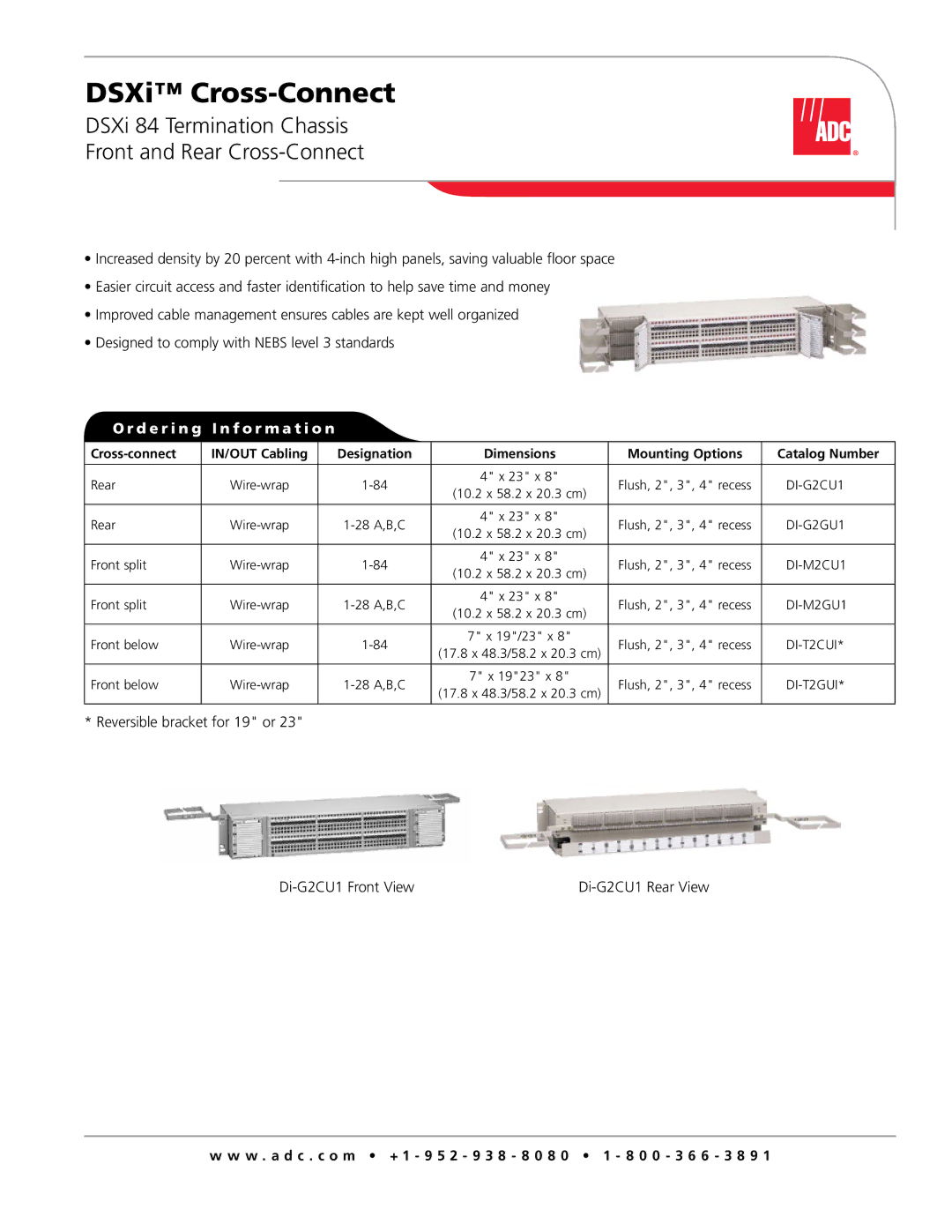 ADC dimensions DSXi Cross-Connect, DSXi 84 Termination Chassis Front and Rear Cross-Connect 