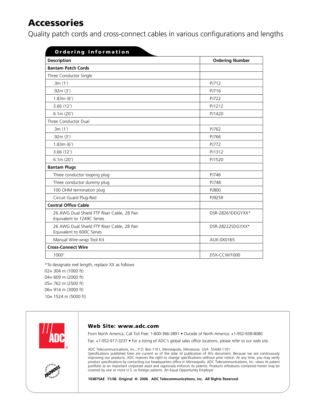 ADC DSXi dimensions Accessories, Description Ordering Number Bantam Patch Cords, Bantam Plugs, Central Office Cable 