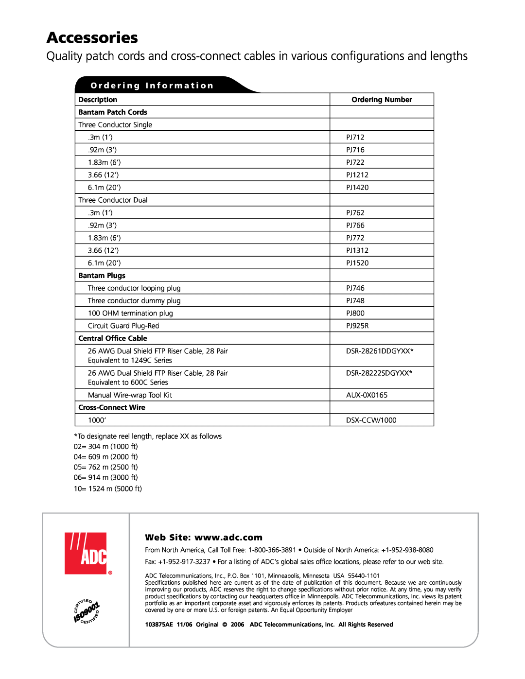 ADC DSXi dimensions Accessories, Description, Ordering Number, Bantam Patch Cords, Bantam Plugs, Central Office Cable 