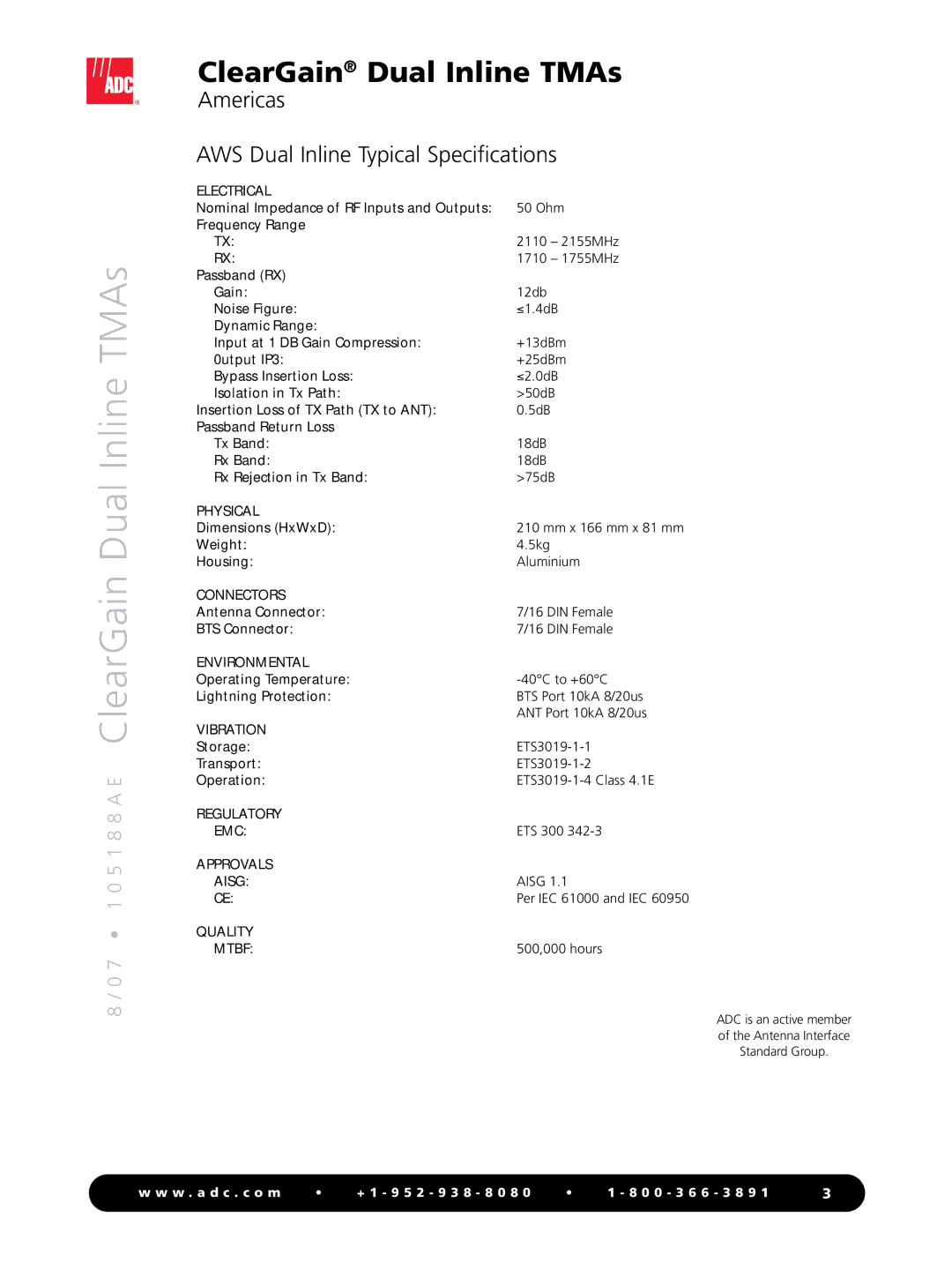 ADC Dual Inline TMAs manual Americas AWS Dual Inline Typical Specifications 