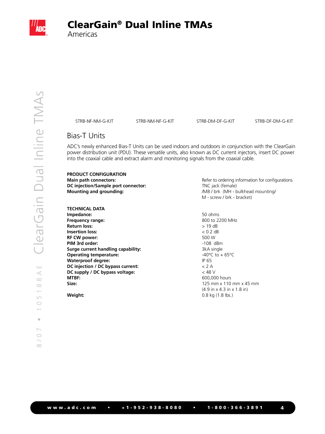 ADC Dual Inline TMAs manual Bias-T Units, Product Configuration, Technical Data 