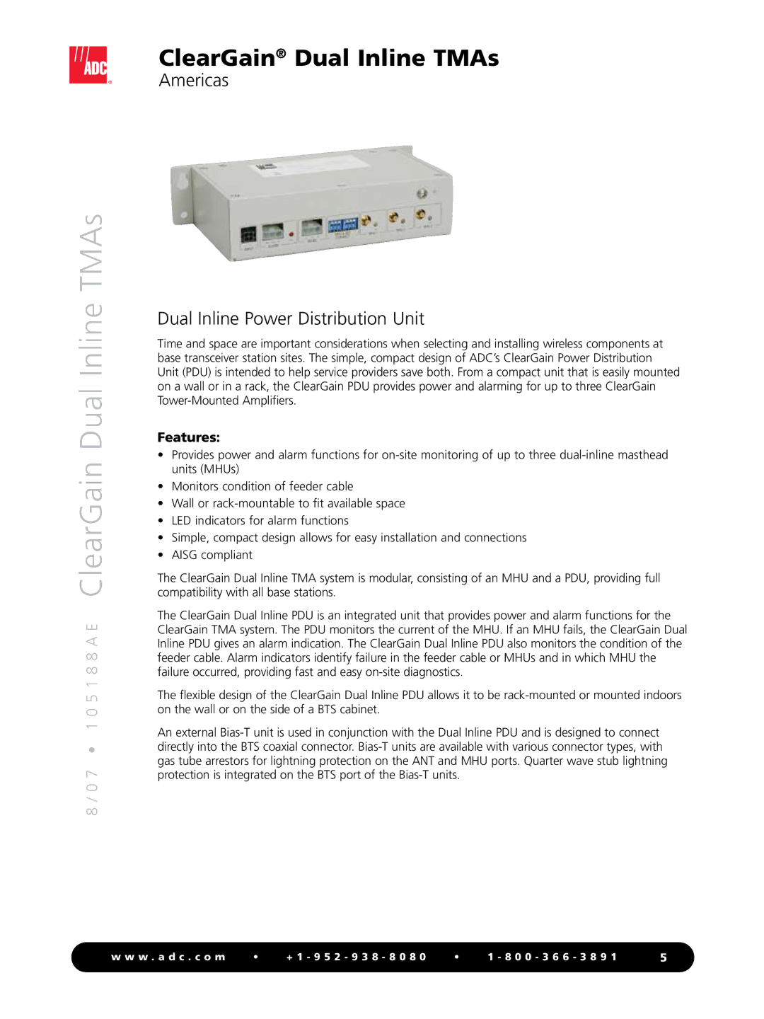 ADC Dual Inline TMAs manual Dual Inline Power Distribution Unit, Features 