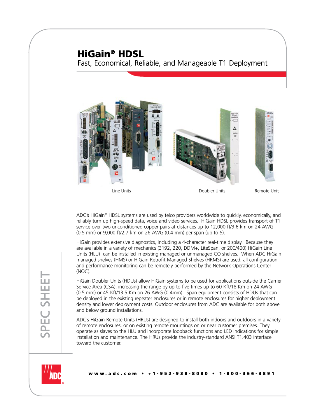 ADC manual HiGain HDSL, Fast, Economical, Reliable, and Manageable T1 Deployment, Spec Sheet 
