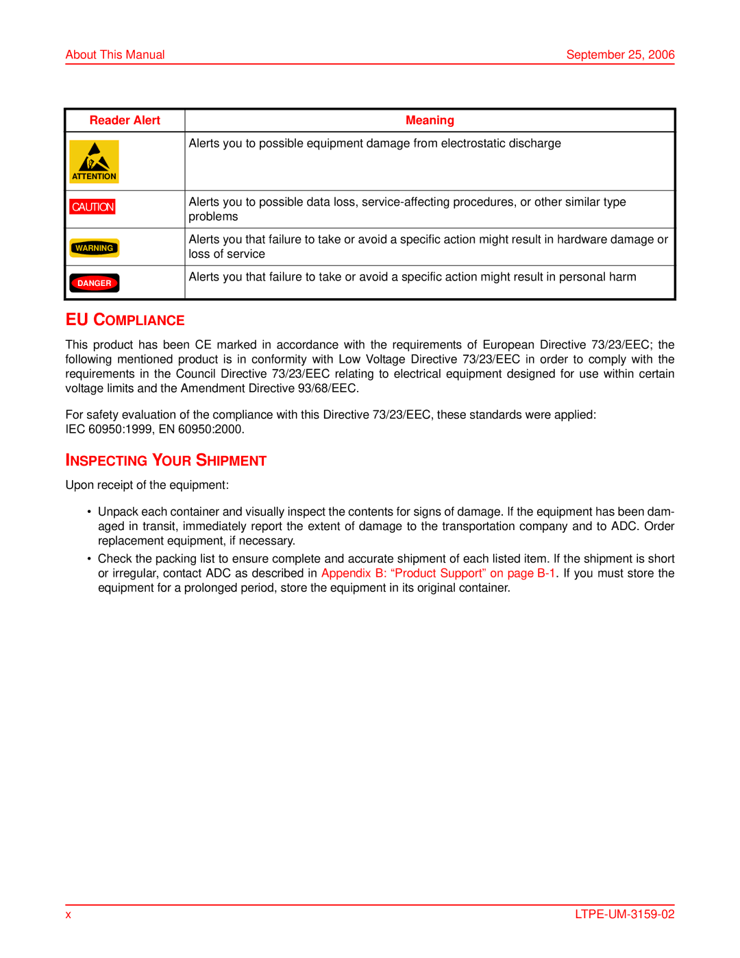 ADC EMU-830 user manual EU Compliance, Inspecting Your Shipment, About This Manual September 25, Reader Alert Meaning 